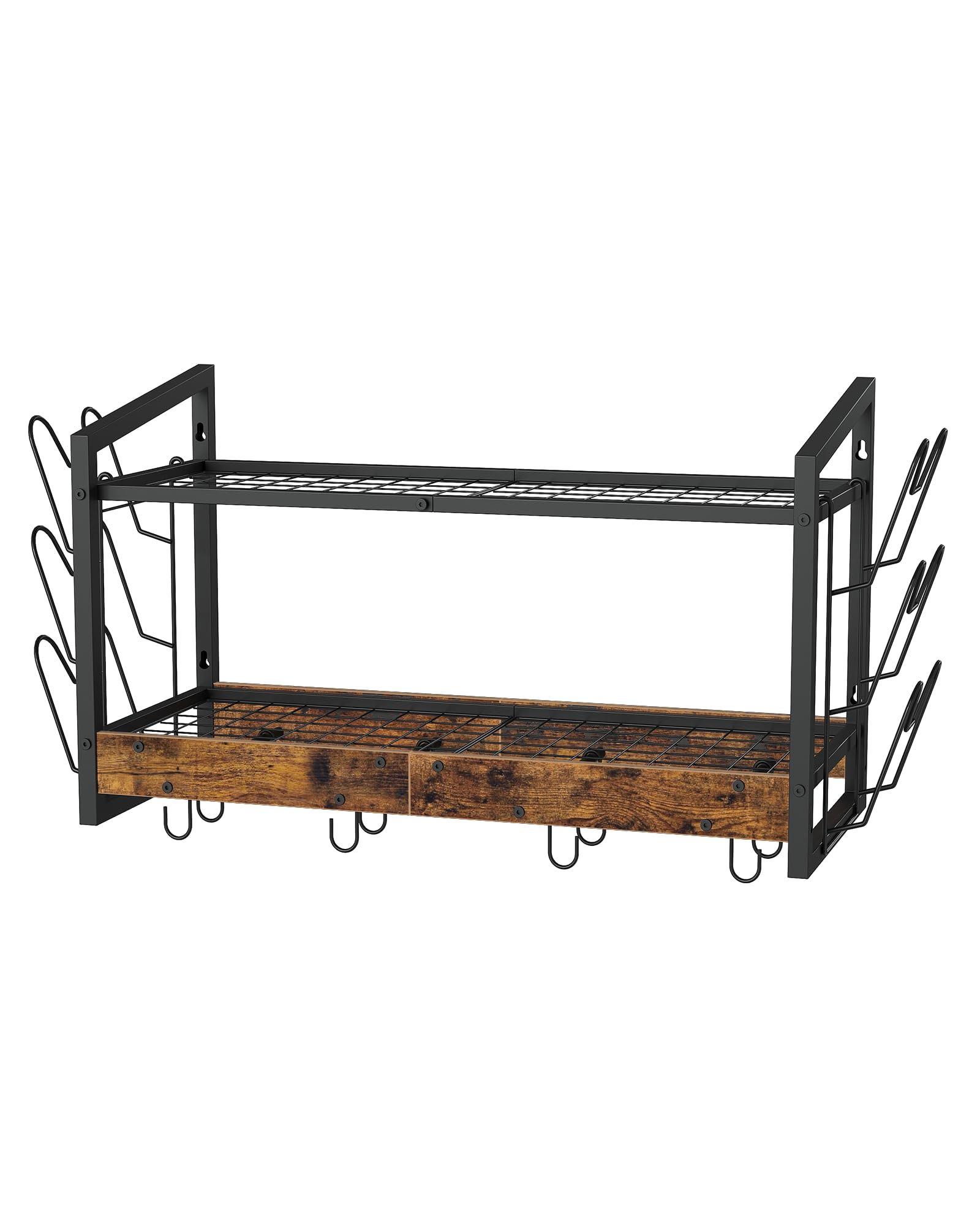 2-Tier Wall Mounted Hanging Pot Rack with 12 Hooks - Rustic Brown Kitchen Organizer for Pots, Pans & Utensils | Space-Saving Storage Solution for Small Kitchens & Apartment Cooking Areas