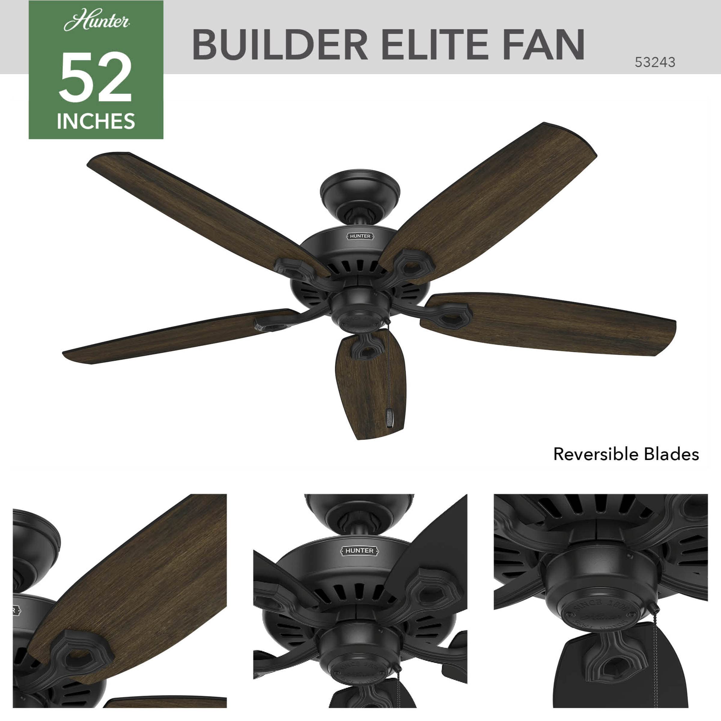 Hunter Fan Company 53243 Builder Elite 52 Inch Indoor Ceiling Fan with Pull Chain Control, Matte Black - Perfect for Living Room, Bedroom, and Home Office Cooling