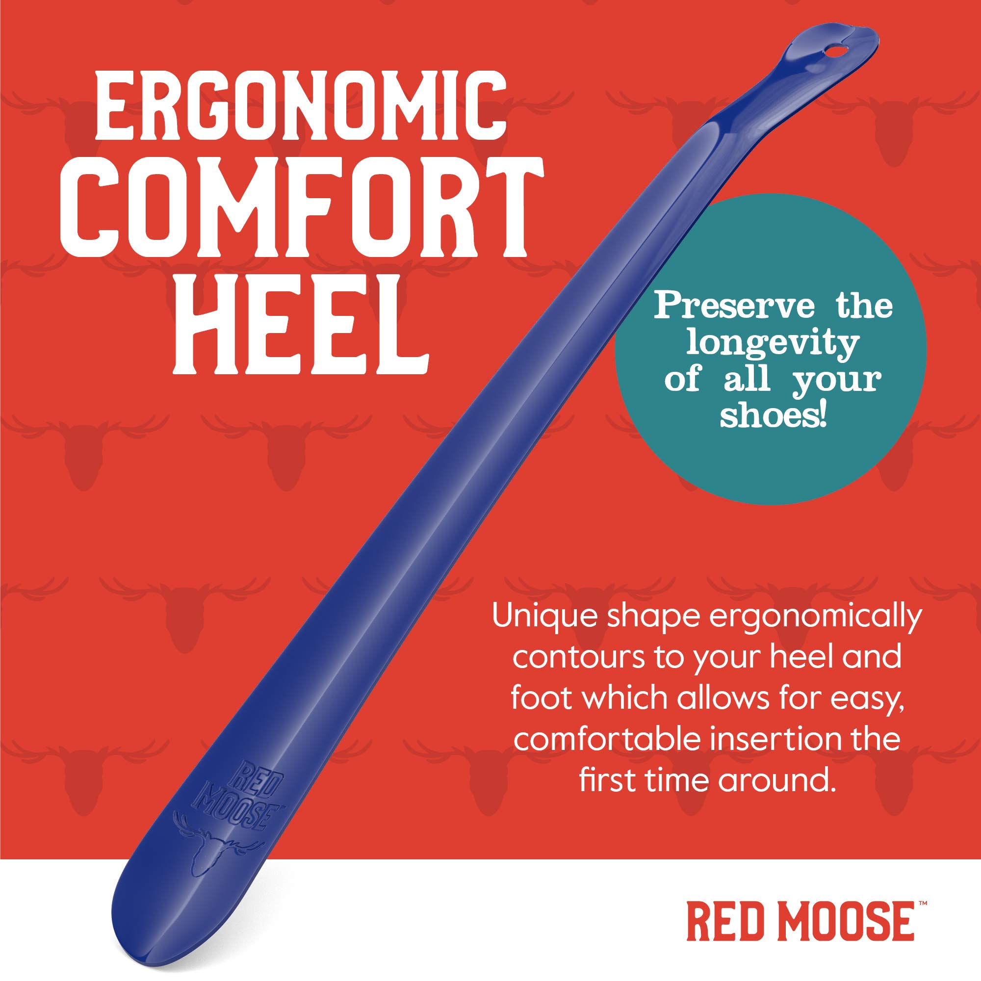 16 Inch Long Metal Shoe Horn with Extended Handle - Premium USA Made Shoe Helper Tool in Cobalt Blue & Red Moose Colors - Perfect for Elderly, Disabled & Fashion Enthusiasts
