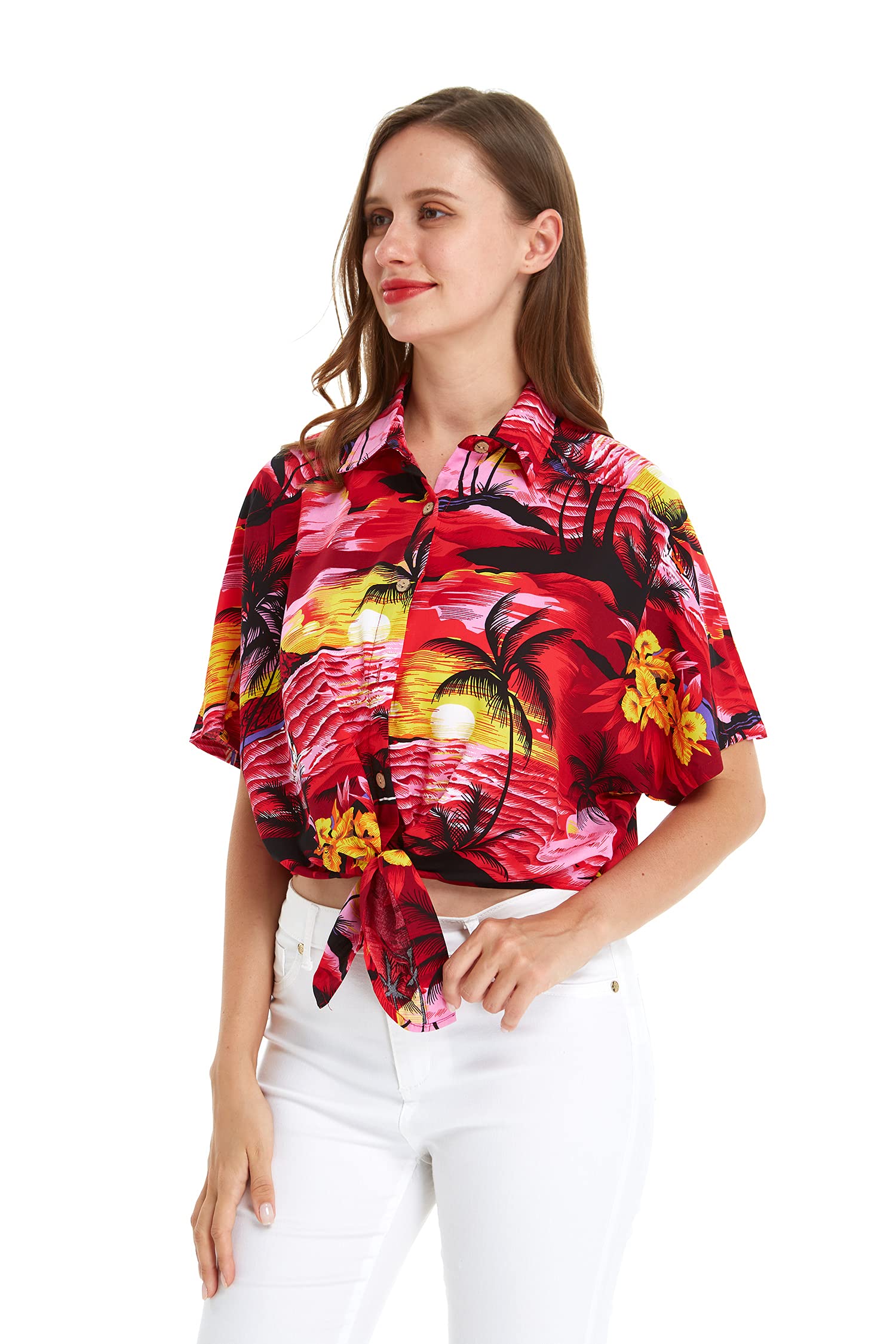 Women's Hawaiian Tie Front Crop Top Aloha Shirt - Floral Sunset Print Beachwear for Summer Vacation & Tropical Party Outfits
