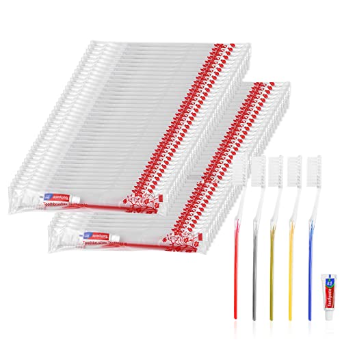 50-Pack Disposable Travel Toothbrush & Toothpaste Kit - Portable Camping, Hotel, Airplane Essentials with 5 Color Options for On-The-Go Oral Care