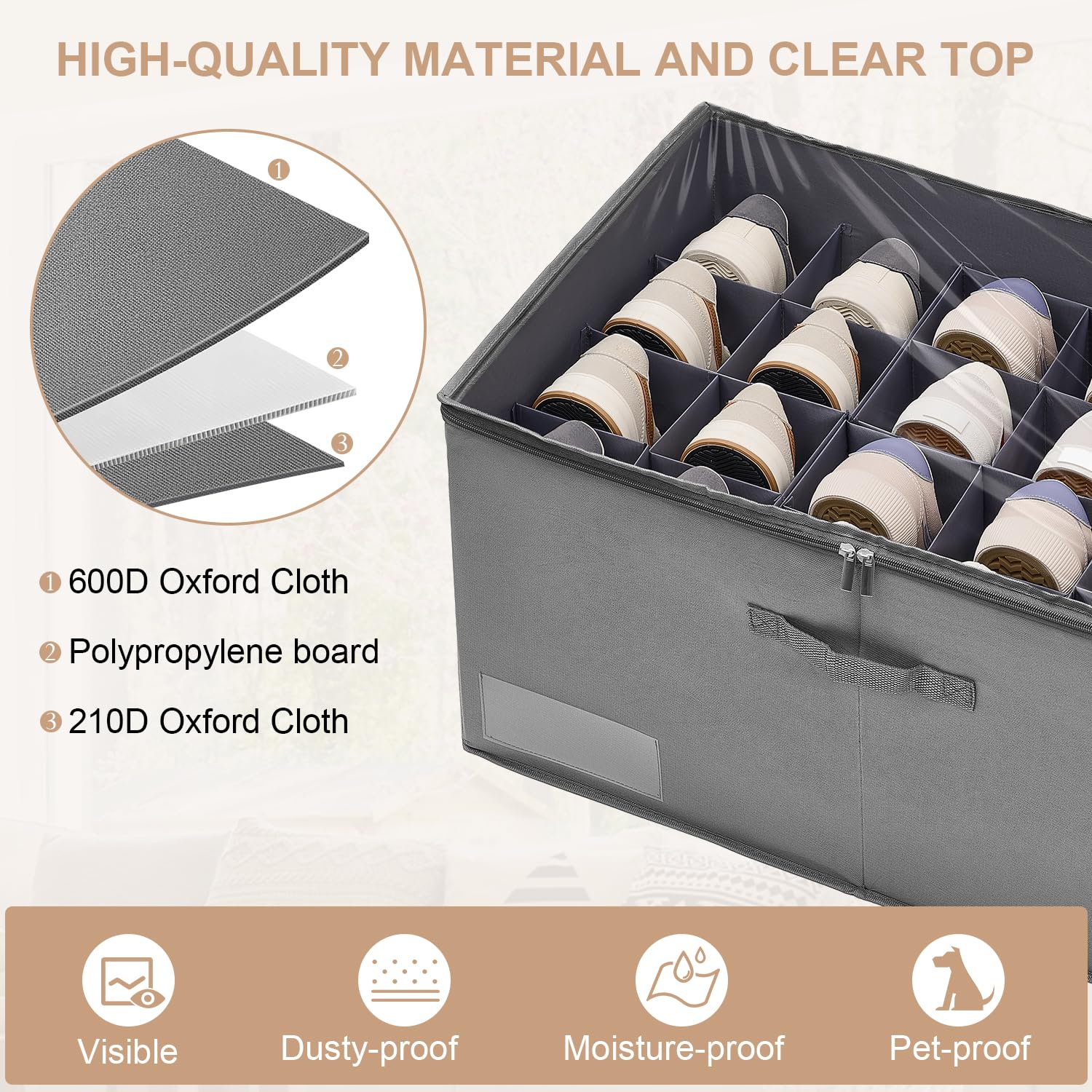 ASHLEYRIVER 24-Pair Shoe Organizer for Closet - Large Clear Lid Storage Box with Flexible Dividers, Foldable Space-Saving Shoe Cabinet in Dark Grey | Perfect for Bedroom, Entryway & Closet Organization