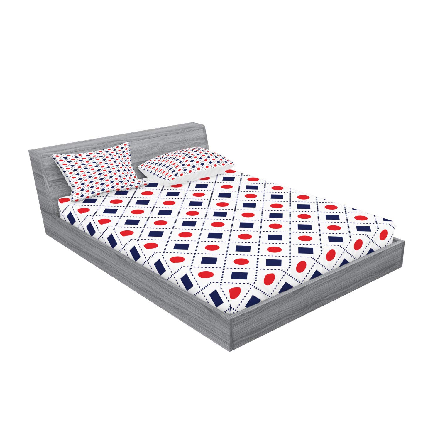 Ambesonne Navy Blue and Red Fitted Sheet & Pillow Sham Set - Big Red Dots Squares Dashed Lines Geometric Tile Print - 3 Piece King Size Bedding Set - Perfect for Modern Bedroom Decor, Guest Rooms & Geometric Pattern Lovers
