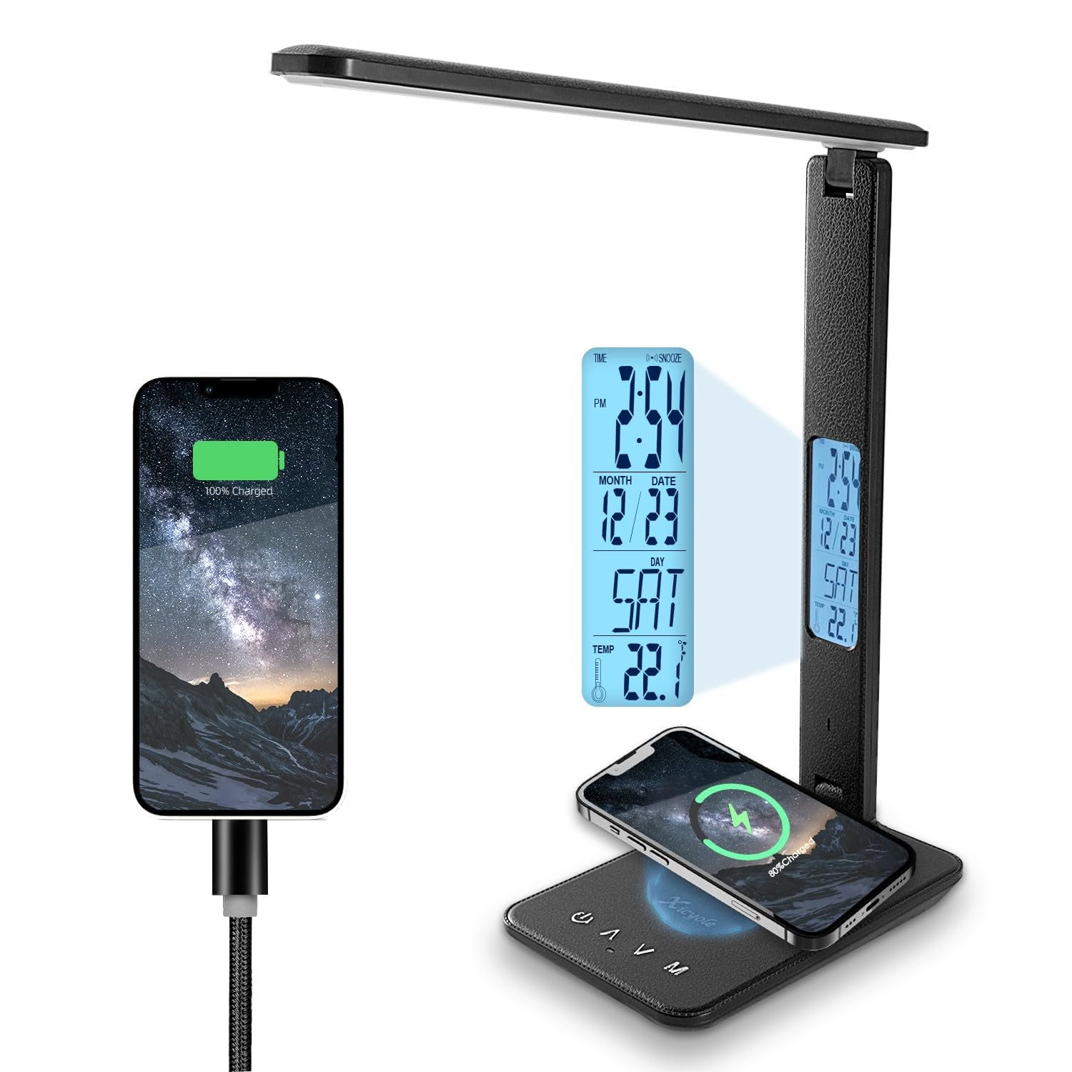 LED Desk Lamp with Wireless Charger & USB Port - Touch Control, 3 Color Modes, 5 Brightness Levels, Eye-Protecting Table Light for Bedroom, Home Office Study - Perfect for Reading, Working & Nightstand Use (Black)
