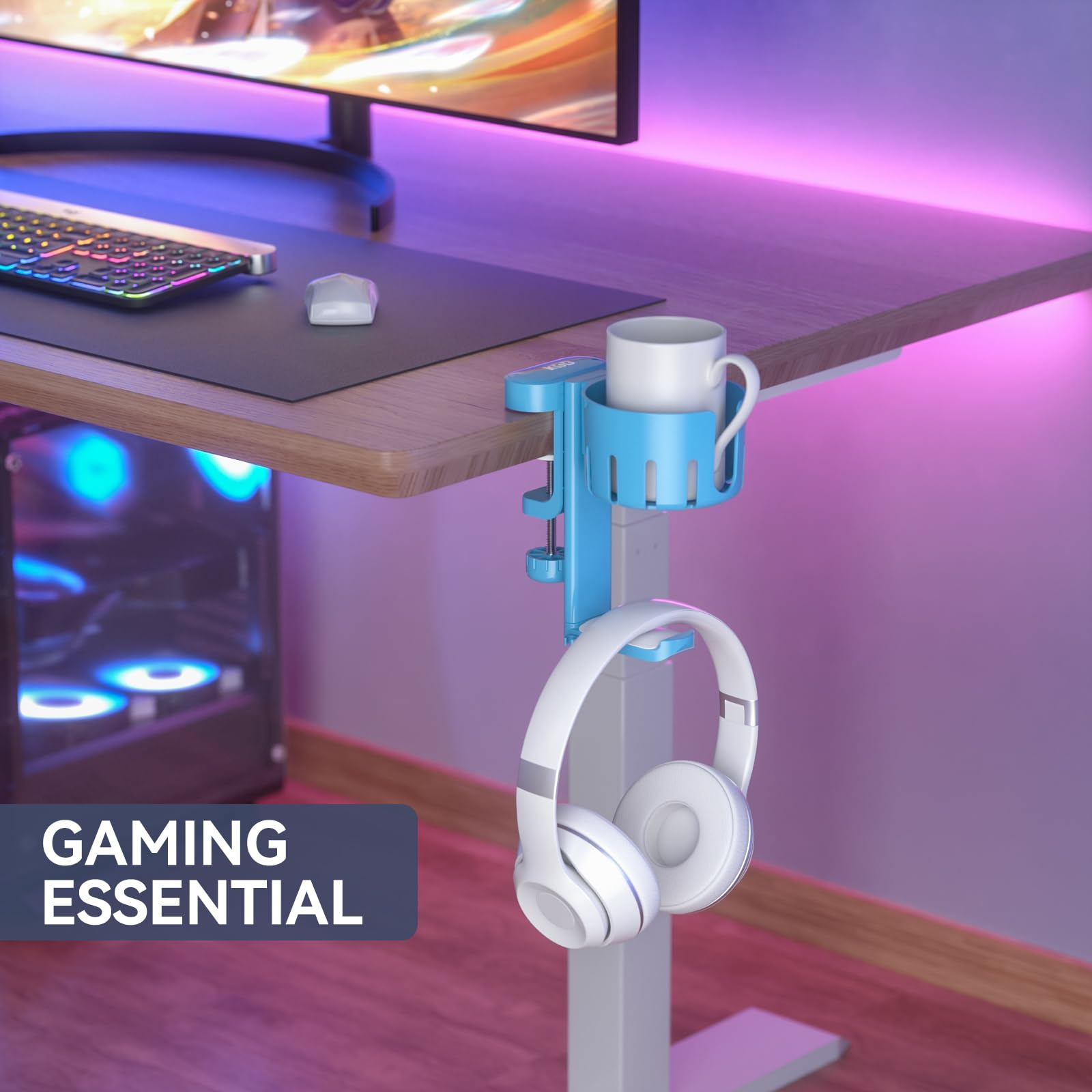 KDD 2-in-1 Rotatable Under Desk Headphone Hanger with Cup Holder - Space Saving Desk Organizer for Headset & Coffee Mug/Water Bottle (Blue) - Perfect for Home Office, Gaming Setup & Workspace Organization
