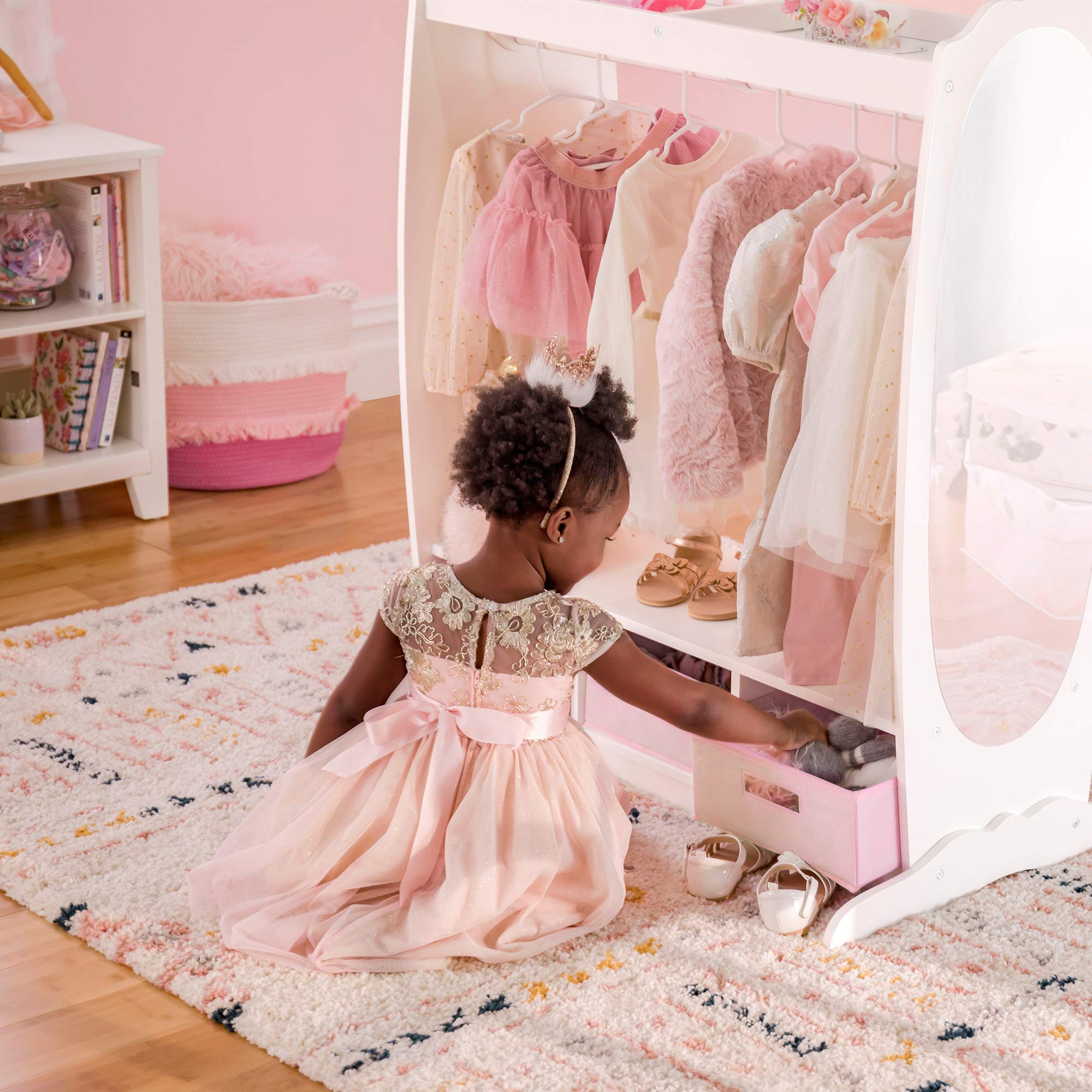 Guidecraft White Dress Up Storage for Kids - Toddler Costume Rack with Mirror & Fabric Bins | Playroom Organization, Preschool Dress-Up Corner, Bedroom Closet Storage Solution