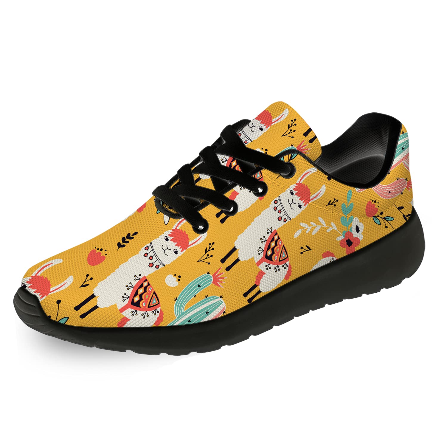 Llama & Alpaca Themed Running Shoes for Men & Women - Comfortable Walking Tennis Sneakers with Cactus Flower Design - Yellow Jogging Shoes (Size 8 Men/9.5 Women Black) - Perfect for Outdoor Activities, Gym Workouts & Casual Wear