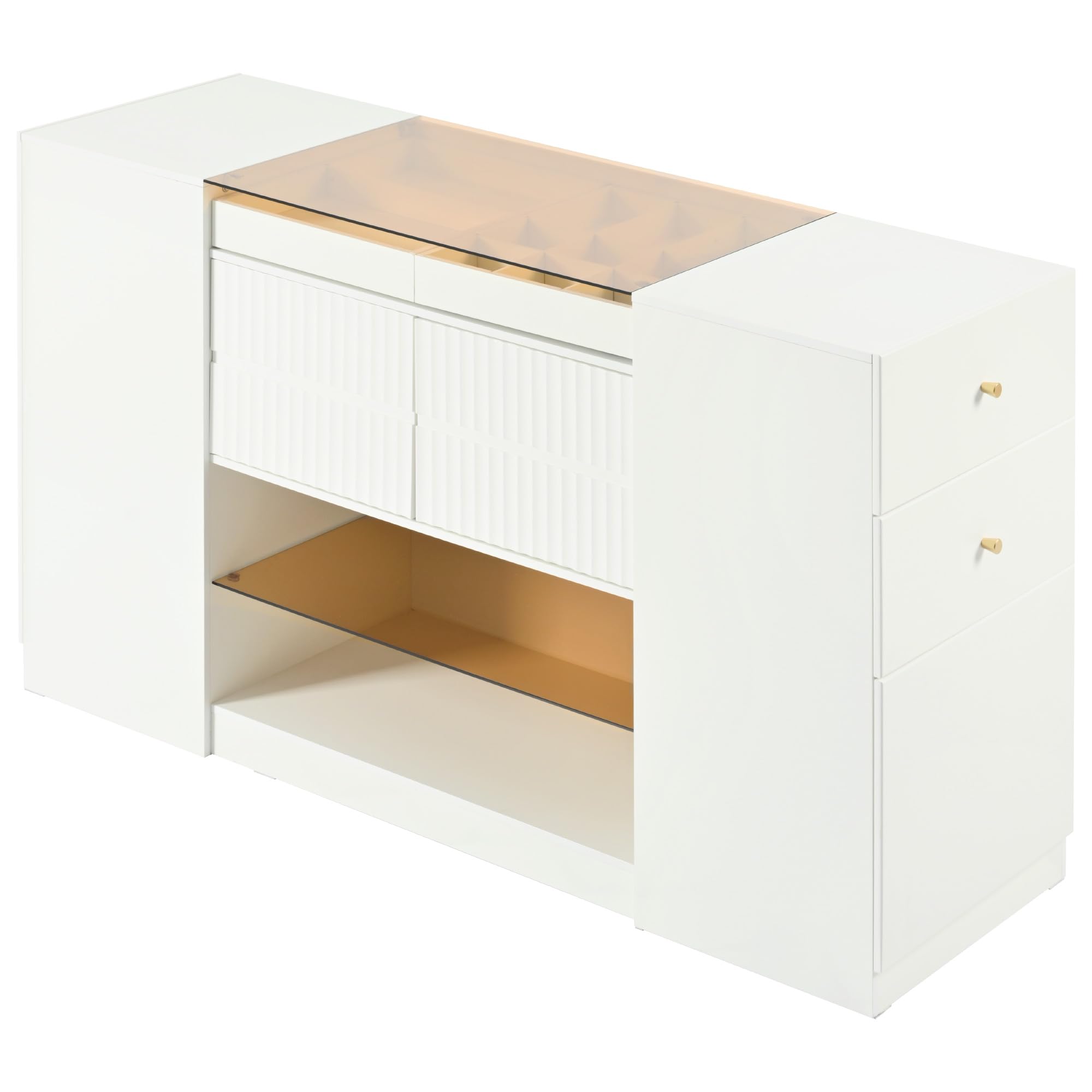 SOFTSEA Modern Armoire Wardrobe with Glass Tabletop - 6-Drawer Walk-in Closet Island with Display Shelf & Jewelry Organizer - Cream White Bedroom Dresser for Clothes Storage & Jewelry Display