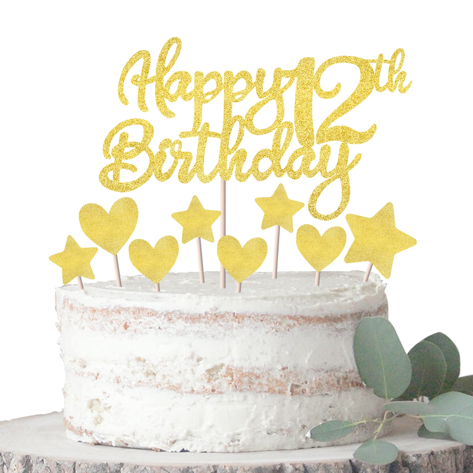 Rsstarxi 9 Pack Happy 12th Birthday Cake Toppers - Glitter Heart & Star Cupcake Decorations for 12 Year Old Birthday Party | Cheers to Twelve Years Celebration | Perfect for Girls, Boys, Teens & Anniversary Parties