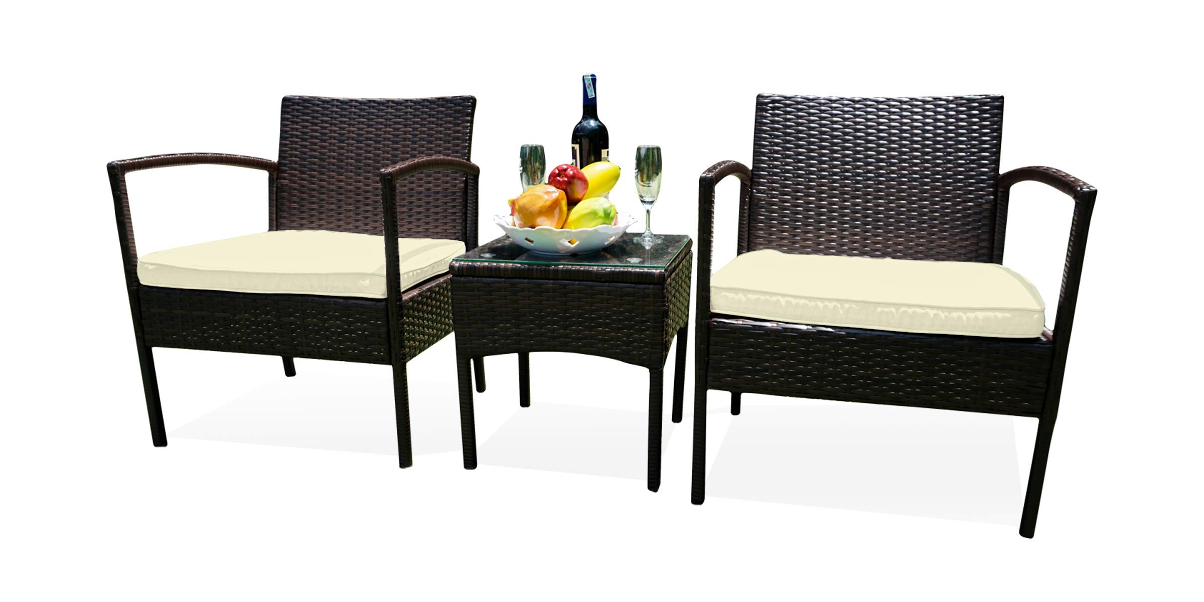 3-Piece All-Weather Wicker Patio Furniture Set - Outdoor Sectional Sofa with Cushions & Glass Table - Beige Rattan Conversation Set for Garden, Poolside & Backyard Relaxation