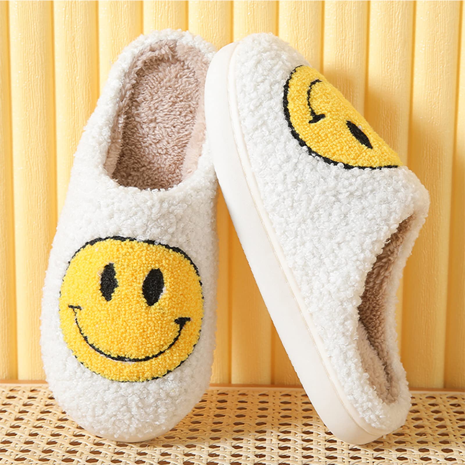 Women's Smile Face Slippers - Soft Plush Retro Preppy Happy Face Slip-On Slippers for Indoor & Outdoor Use | Cozy House Shoes for Relaxing at Home, Lounging, or Quick Errands