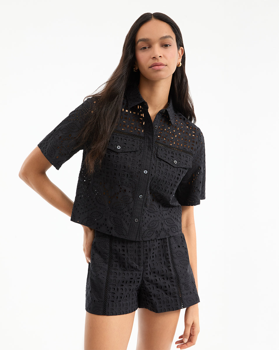 Spruce Green Eyelet Short Sleeve Button Down Shirt for Women - Casual Summer Top for Beach, Office & Date Nights
