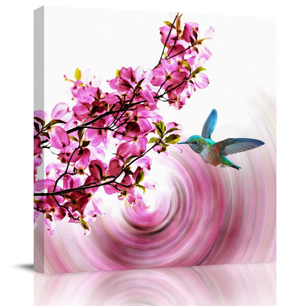Pink Floral and Hummingbird Canvas Wall Art - 8x8 Inch Stretched Framed Ready to Hang Painting for Living Room, Bedroom, Office Decor - Perfect Housewarming Gift for Home Decoration