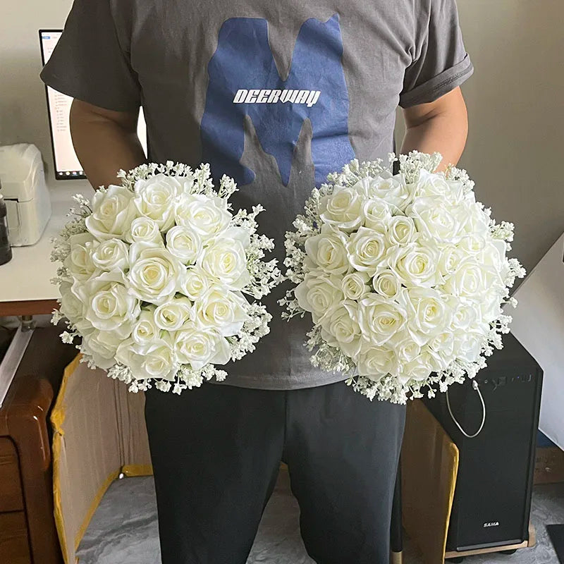 Artificial White Roses with Baby's Breath Bouquet - Elegant Bridesmaid Bouquets & Wedding Table Centerpiece Decor for Bridal Showers, Receptions, and Home Decor