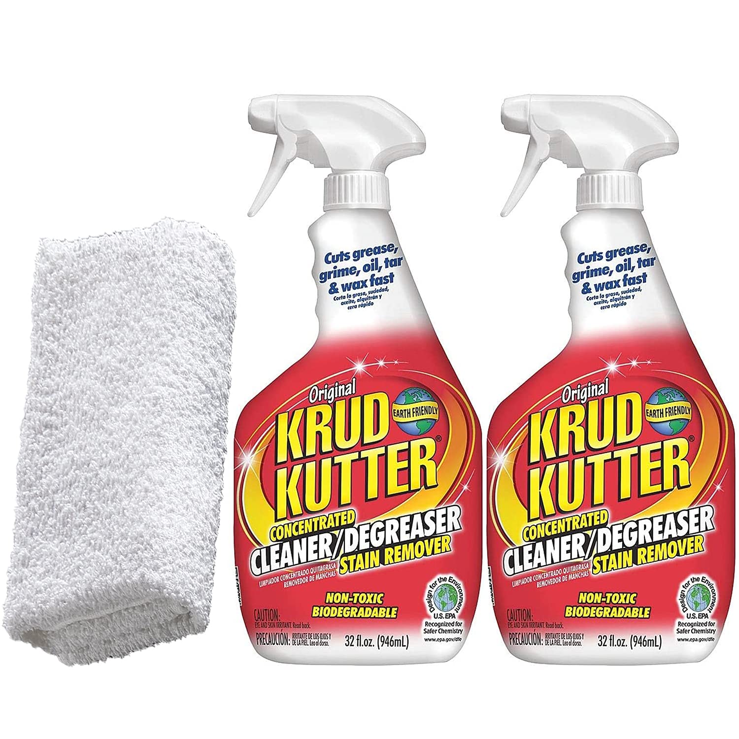 Krud Kutter All-Purpose Cleaner Spray (32oz, 2-Pack) with Daley Mint Microfiber Cloth - Powerful Stain Remover for Kitchen, Bathroom, Floors & More - Ideal for Home Deep Cleaning & Tough Grime Removal