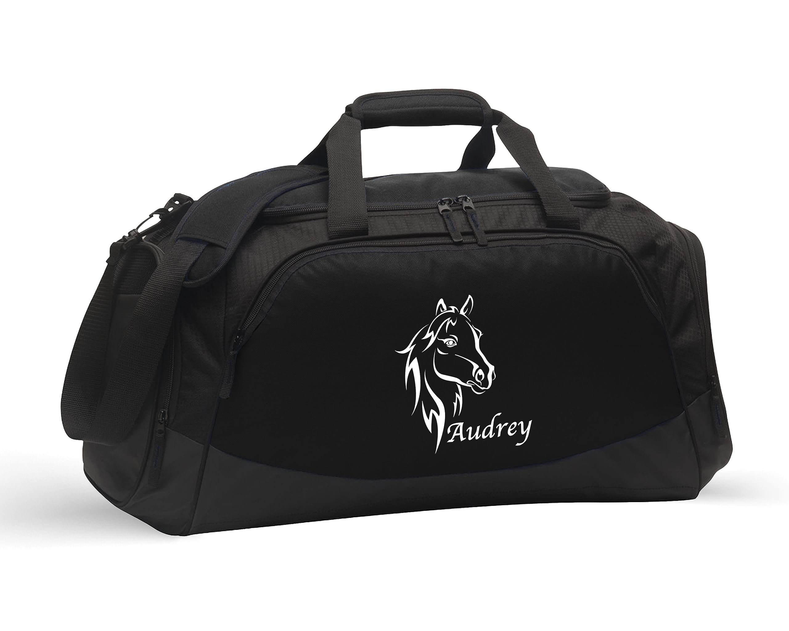 Equestrian Duffel Bag for Horse Tack - Personalized Name Engraved, Perfect Gift for Horse Lovers & Riders - Durable Horse Riding Gear for Camp, Shows & Training - Black Horse Bust Design by Alterd Industries (Bag Only)