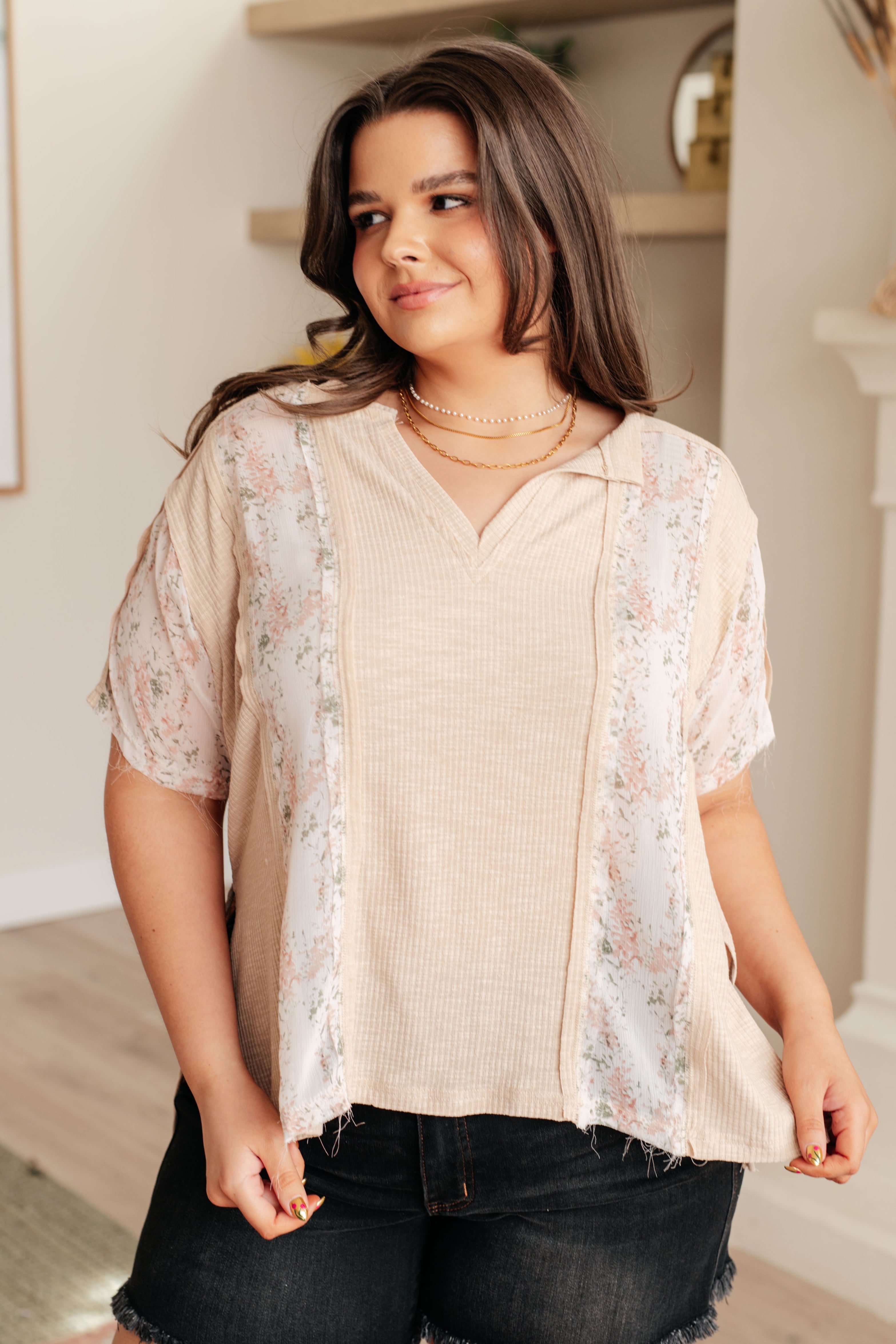 Floral Accent Top in Toasted Almond - Women's Boho Blouse for Spring & Summer | Perfect for Casual Outings, Beach Vacations & Date Nights