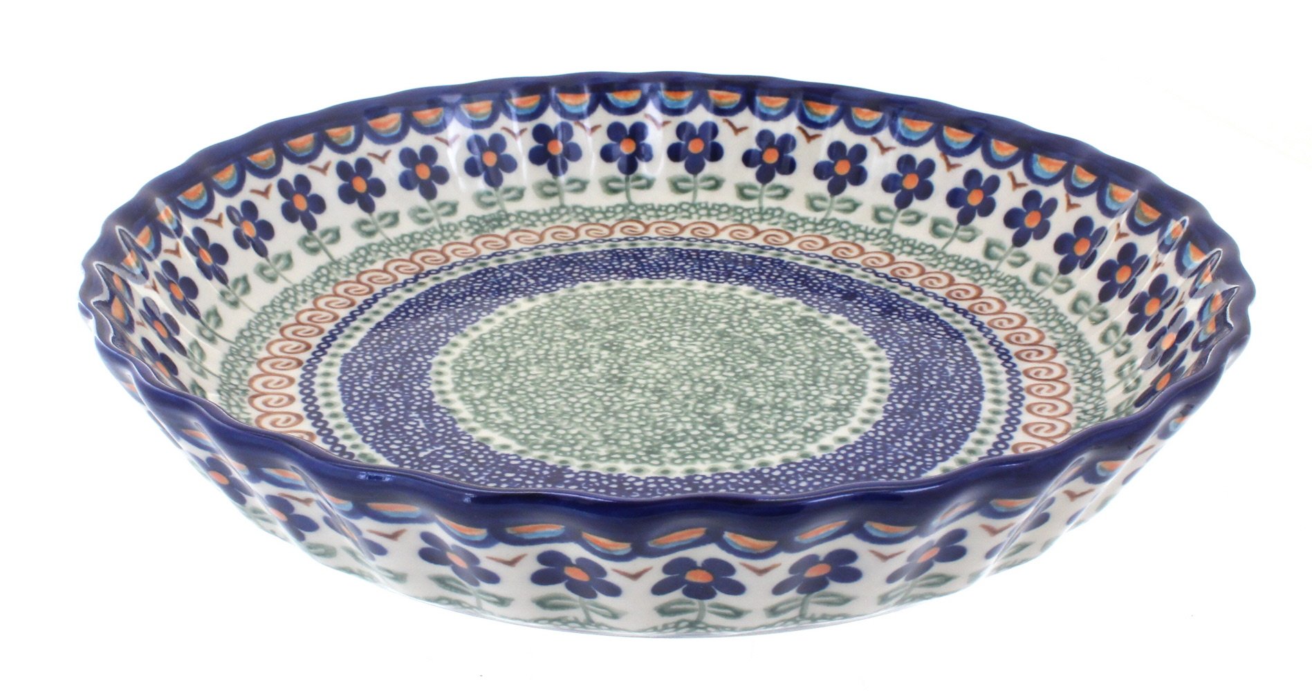 Handmade Blue Rose Polish Pottery Aztec Flower Pie Plate - Authentic Ceramic Baking Dish for Desserts, Quiches & Holiday Serving - Perfect for Thanksgiving, Christmas & Family Gatherings