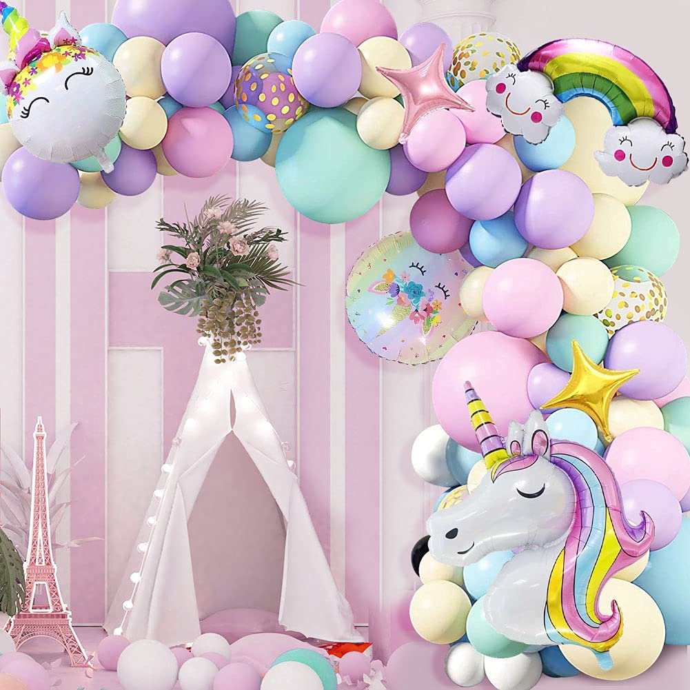 Unicorn Balloons Arch Garland Kit - 5/12/18 Inch Pastel Balloons Set with Macaron & Rainbow Balloons for Girls Birthday Party, Baby Shower, Wedding Decorations - Perfect for Unicorn Themed Events, Kids Room Decor, and Photo Backdrops