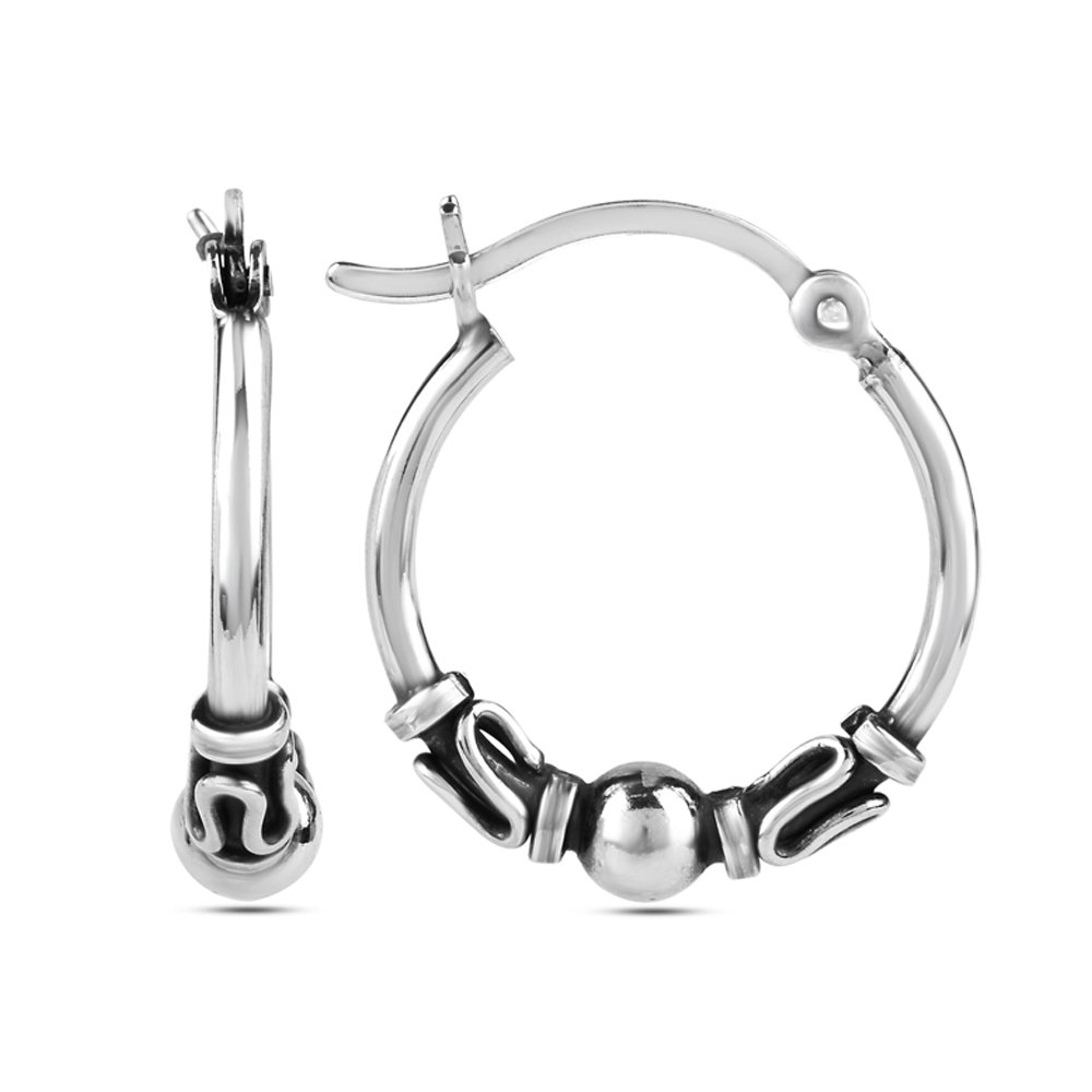 LeCalla 925 Sterling Silver Oxidized Balinese Hoop Earrings for Women - Small Antique Bali Beaded Hoops - Perfect for Everyday Wear, Parties & Gifts
