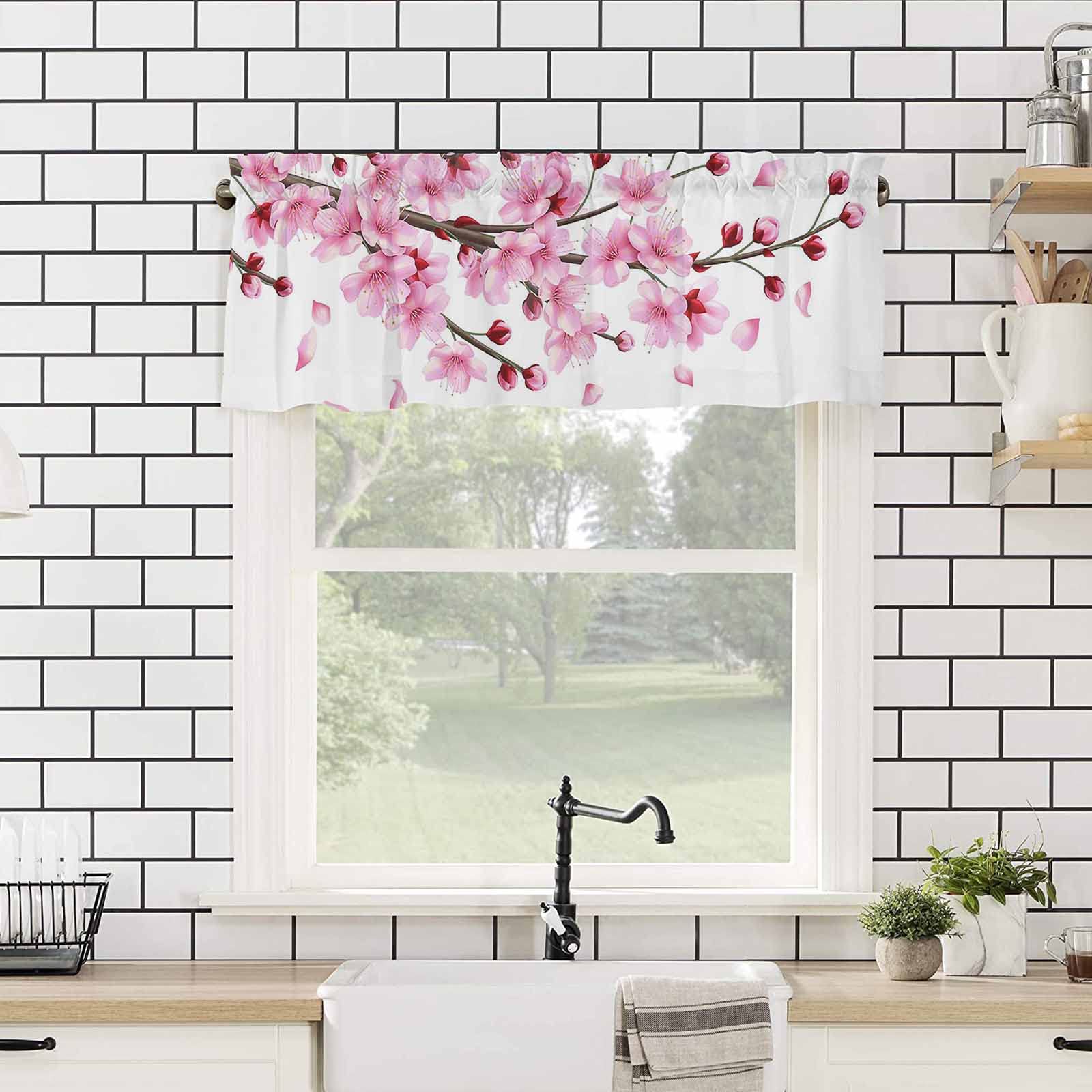 Cherry Blossom Floral Valance Curtains - Rod Pocket Window Treatment for Bedroom, Kitchen & Small Windows - Thermal Insulated & Machine Washable - Pink Spring Floral Design - 1 Panel (54