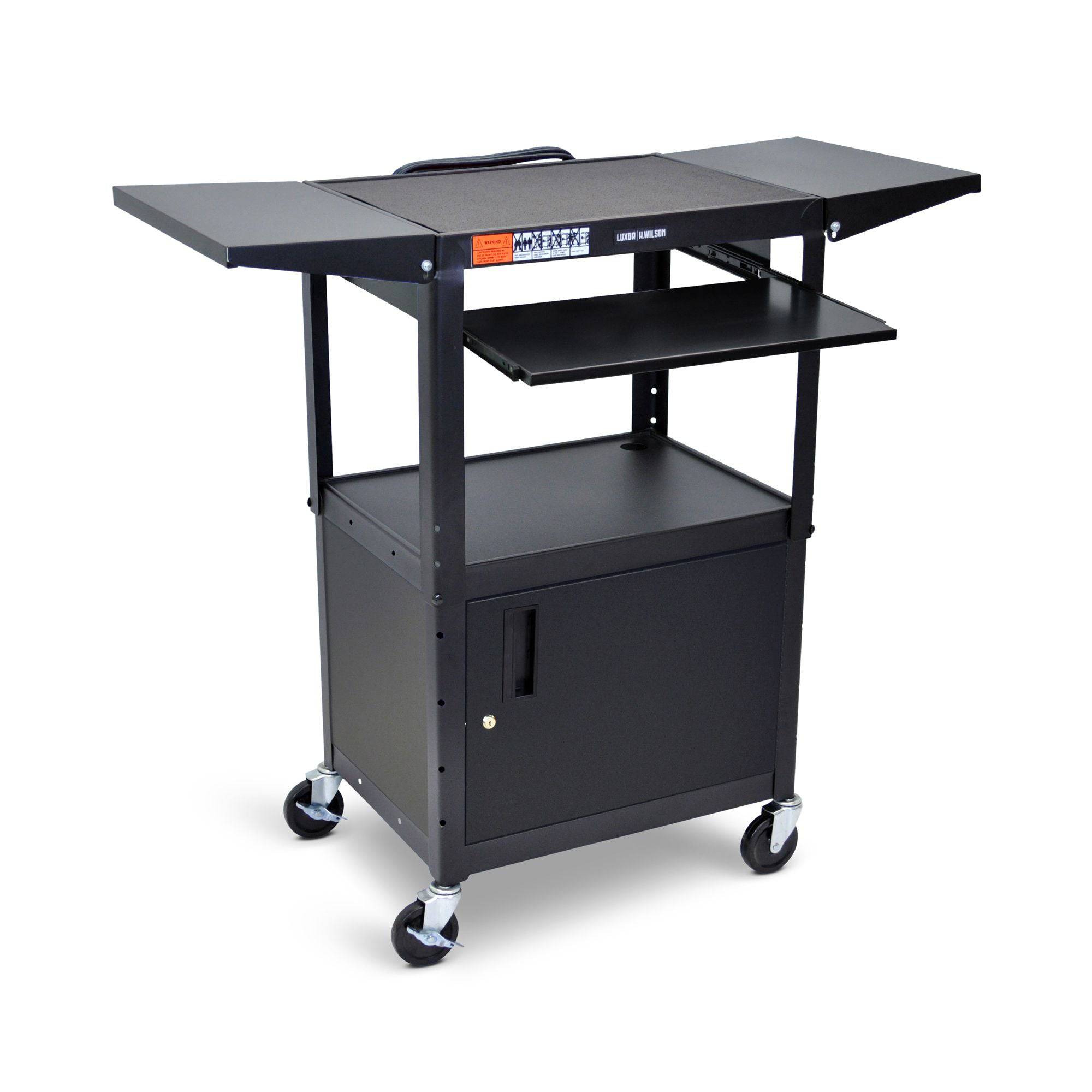 Adjustable Height Steel AV Cart with Drop Leaf Shelves - Mobile Media Cabinet for Home Theater, Classroom, and Office Use