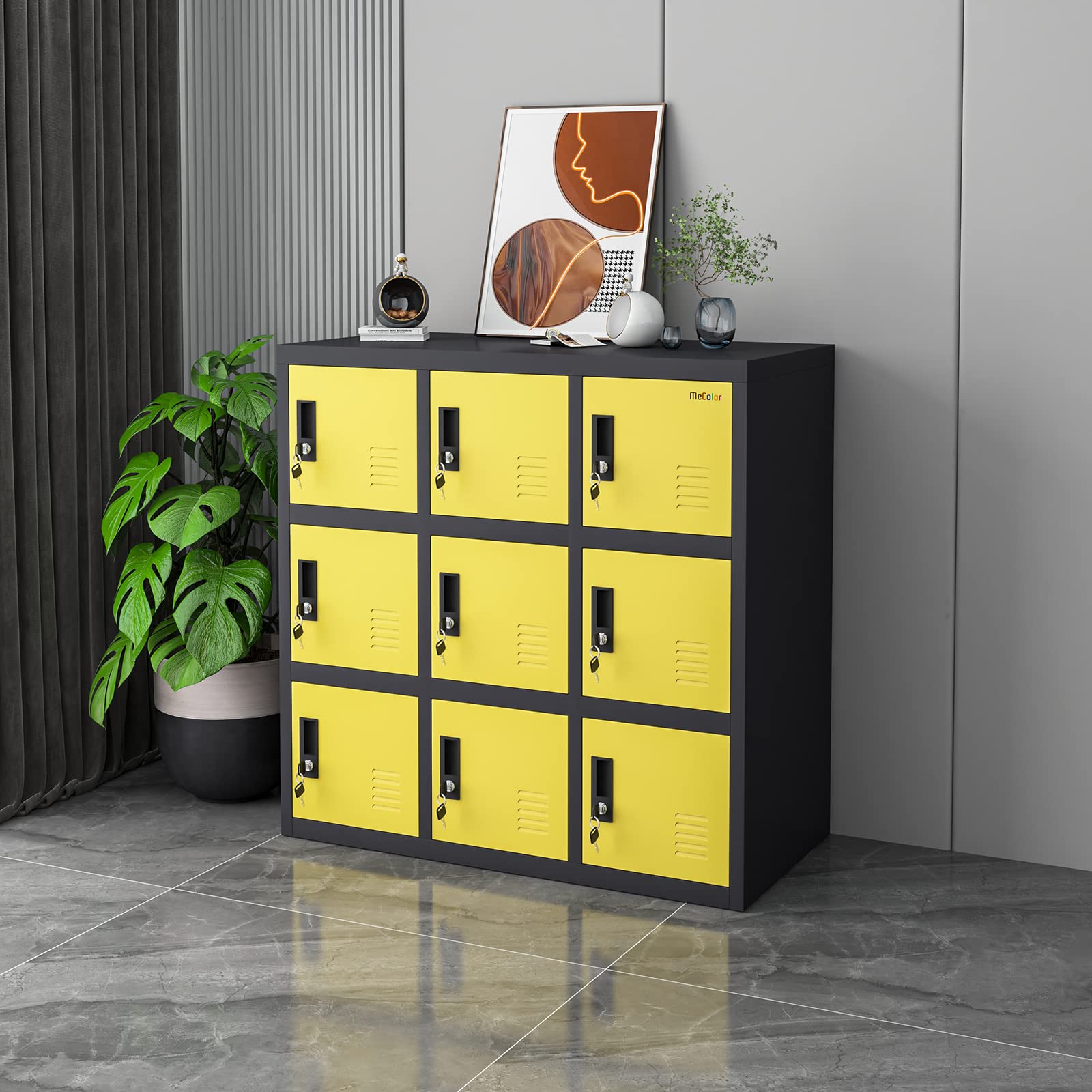 MECOLOR Metal Kids Locker for Girls & Boys - Playroom Storage Cabinet for Clothes, Toys, Books & Backpacks - Yellow 9D Organizer for Bedroom, Classroom & Daycare