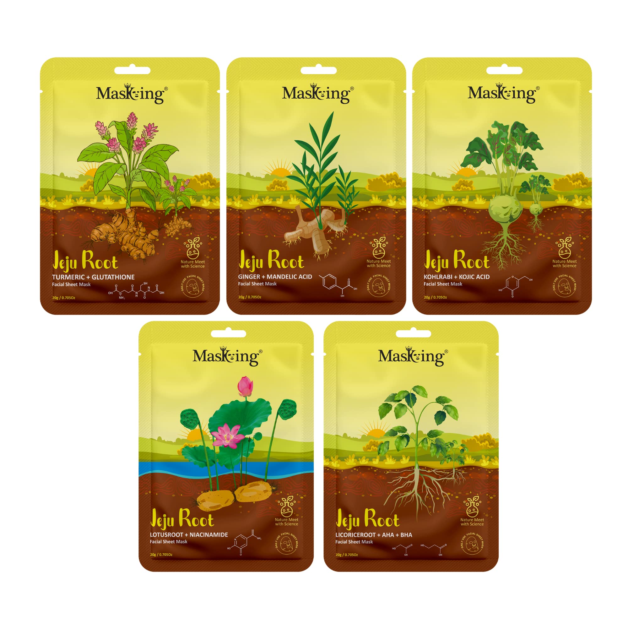 Jeju Root Face Sheet Mask - Soothing, Brightening & Glowing Skin Care for Women & Men - Pack of 5 - Perfect for Daily Hydration & Post-Sun Care