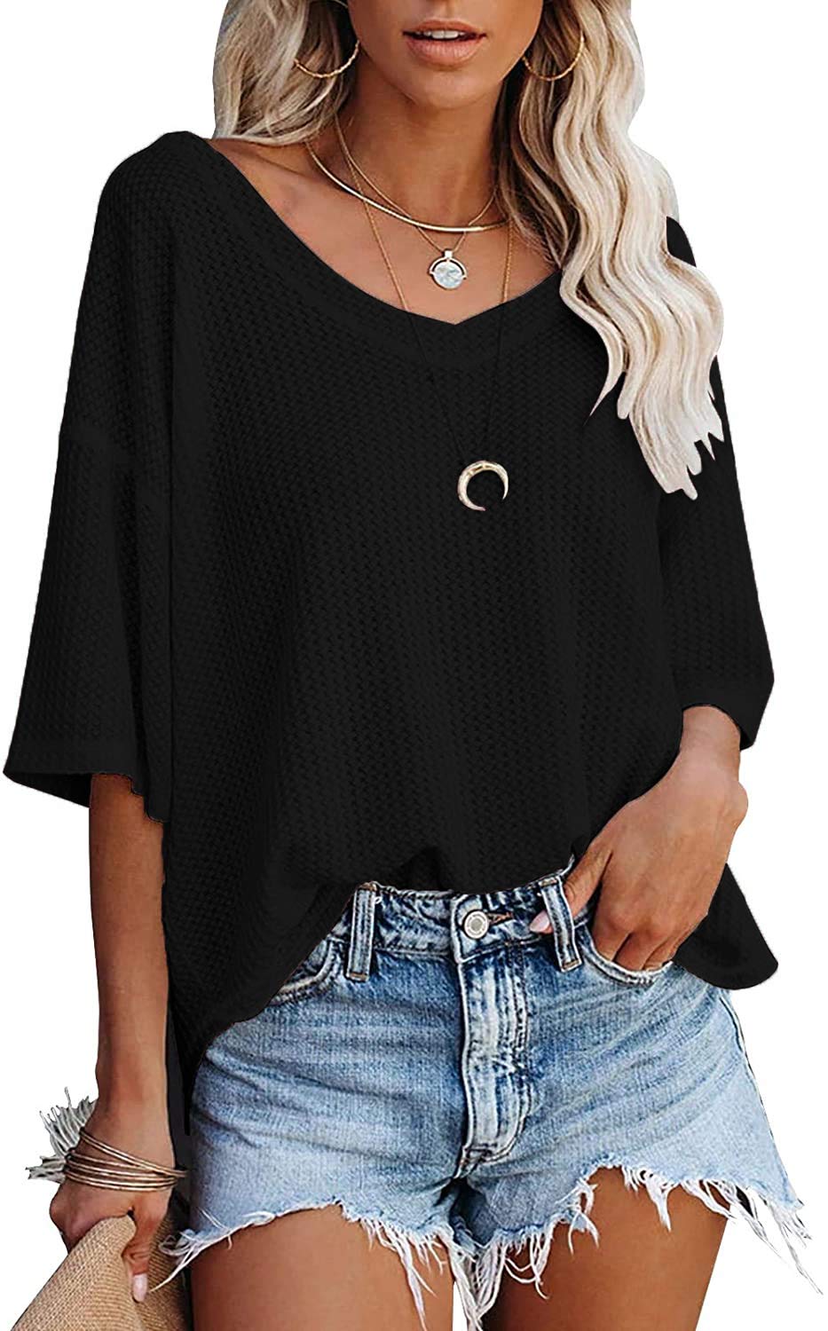 Youdiao Women's V-Neck Long Sleeve Waffle Knit Blouse - Casual Loose Oversized Pullover Sweatshirt for Fall & Winter | Perfect for Work, Date Night and Weekend Outfits