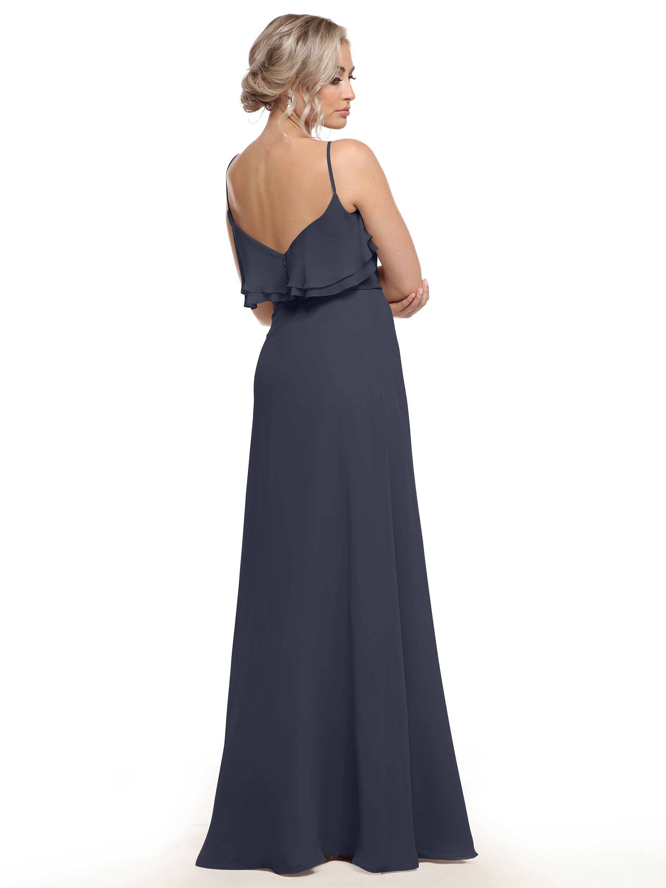 Elegant 80146 Chiffon Bridesmaid Dress with Ruffled Neckline - Perfect for Weddings, Formal Events & Special Occasions