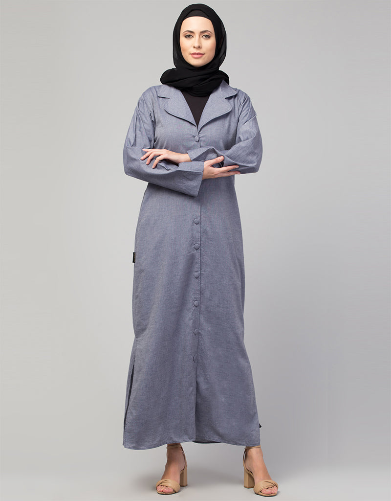 Sky Blue Arabic Abaya with Self-Fabric Buttons & Coat Collar - Modest Islamic Dress for Prayer, Mosque & Special Occasions