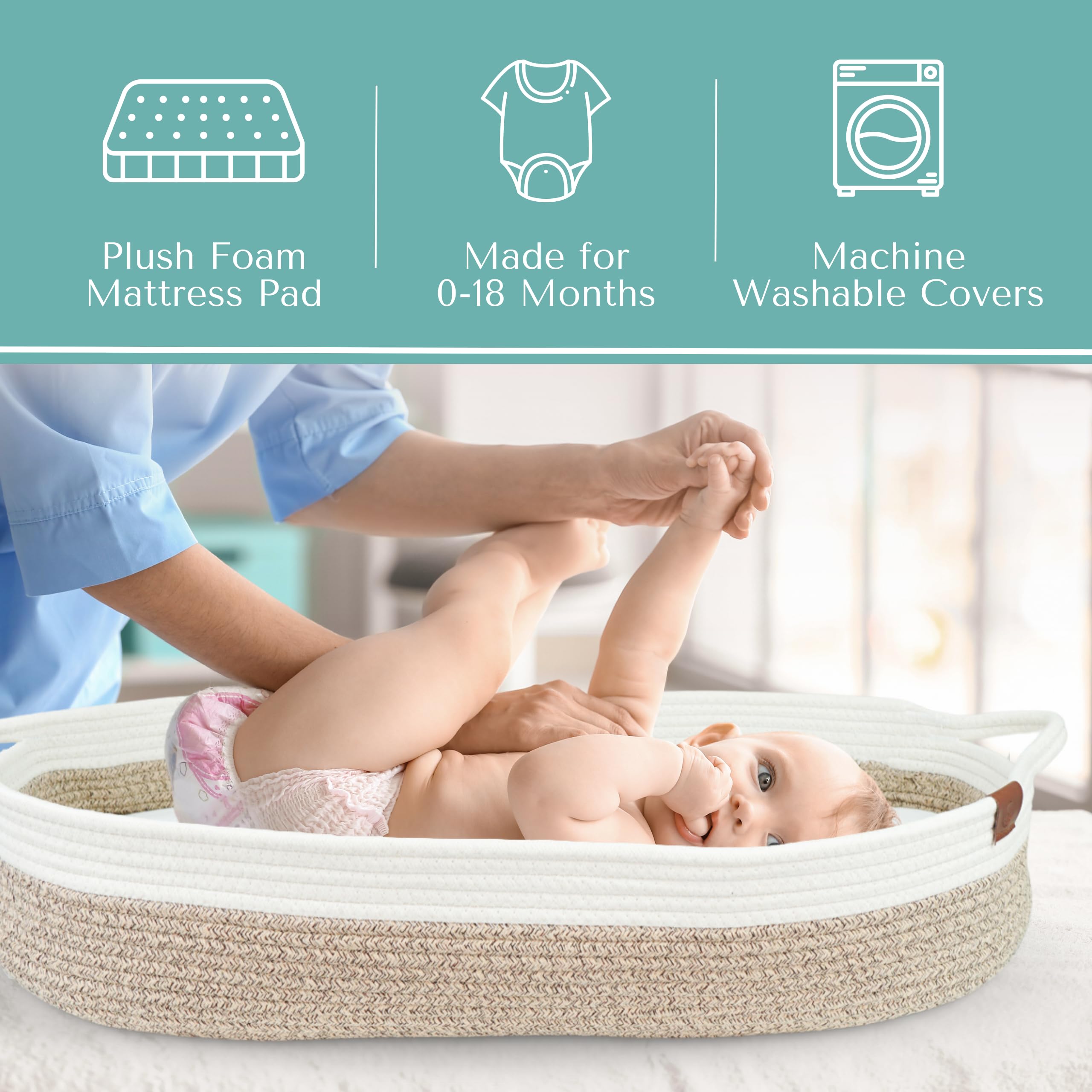 Organic Cotton Baby Changing Basket Set with Foam Pad & Waterproof Cover - Portable Diaper Caddy Organizer for Nursery Dresser - Natural Rope Diaper Changing Station (Beige) - Perfect for Newborn Care & Nursery Organization