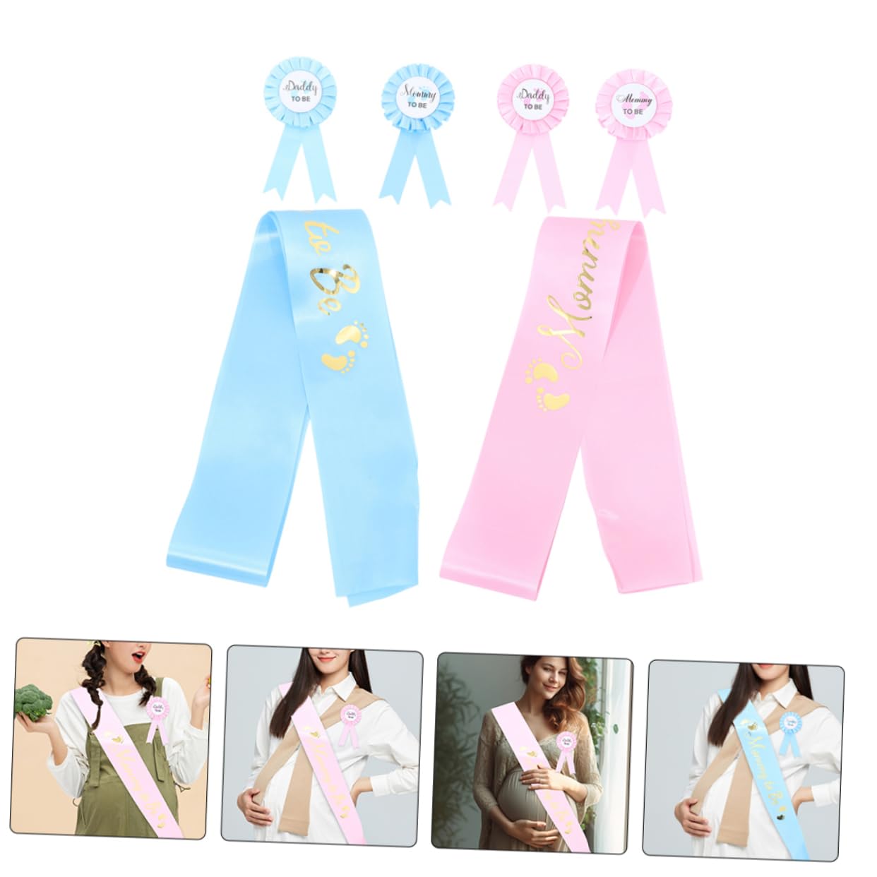 2 Sets Maternity Belt & Shower Badge Pins for Mom and Dad to Be - Comfortable Pregnancy Support & Gender Reveal Party Accessories - Perfect for Baby Showers, Maternity Photos, and Parenting Announcements