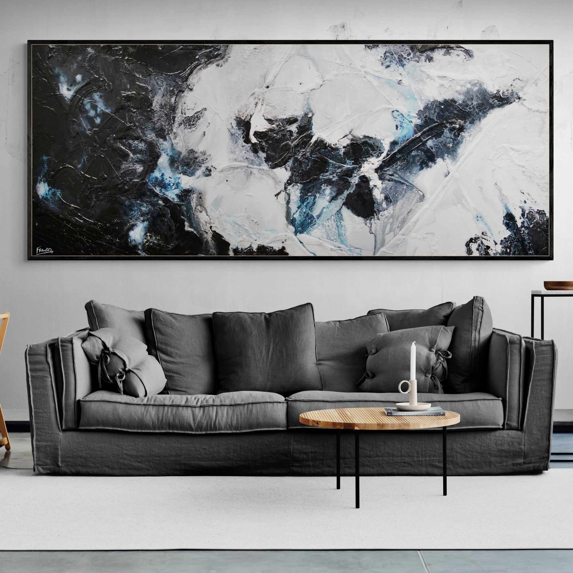 Black Sambuca 240cm x 100cm Black Grey White Textured Abstract Canvas Wall Art - Modern Home Decor for Living Room, Bedroom & Office