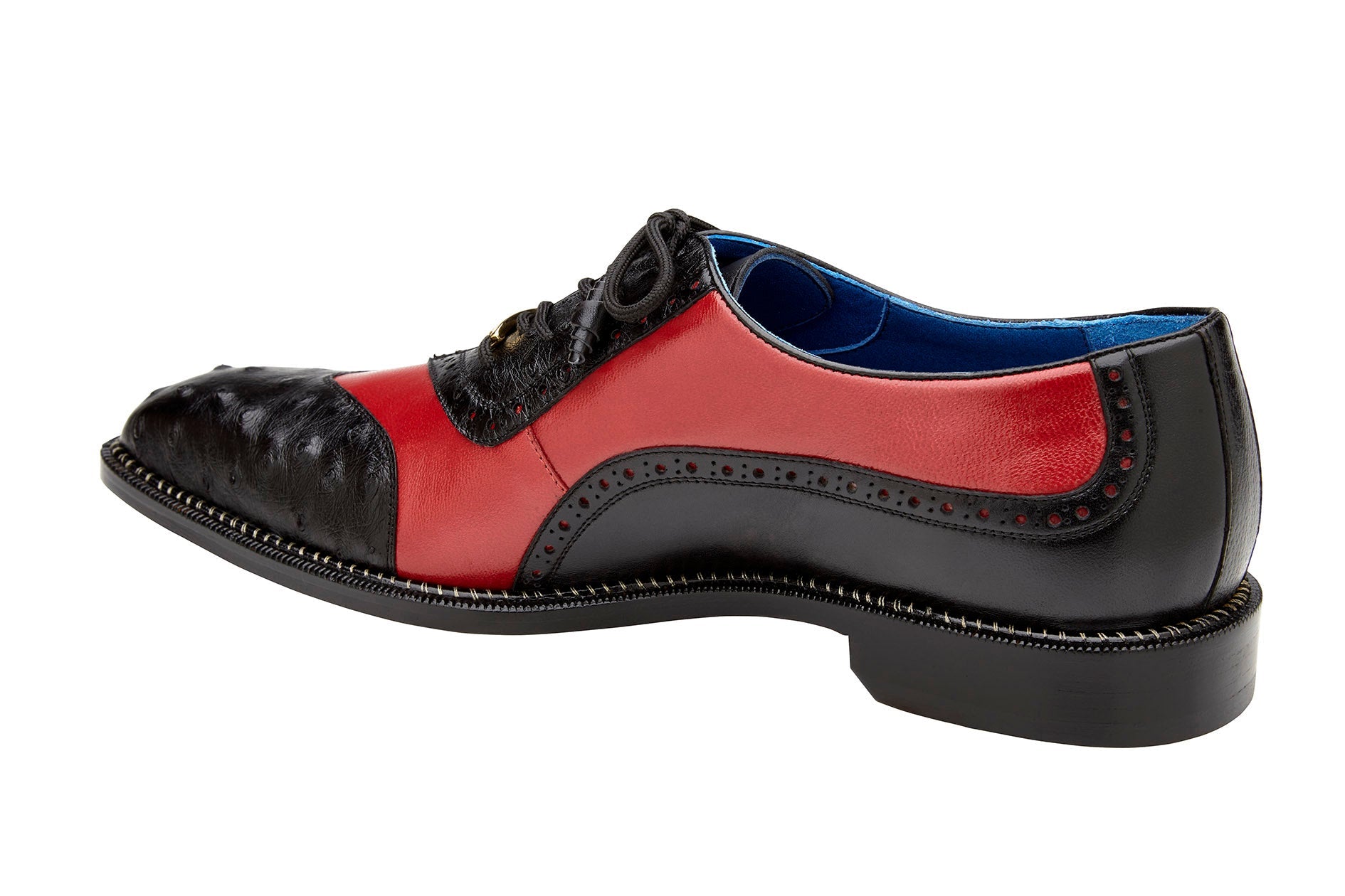 Belvedere Sesto Genuine Ostrich Quill & Italian Leather Wingtip Dress Shoes for Men - Black/Red Size R54 | Luxury Formal Shoes for Weddings, Business Meetings & Special Occasions