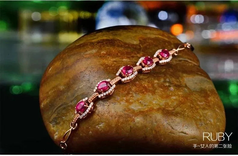 18KT/750 Rose Gold 1.68ct Natural Ruby & 0.32ct Round Cut Diamond Engagement Bracelet - Elegant Jewelry Gift for Women, Perfect for Anniversaries, Weddings & Special Occasions