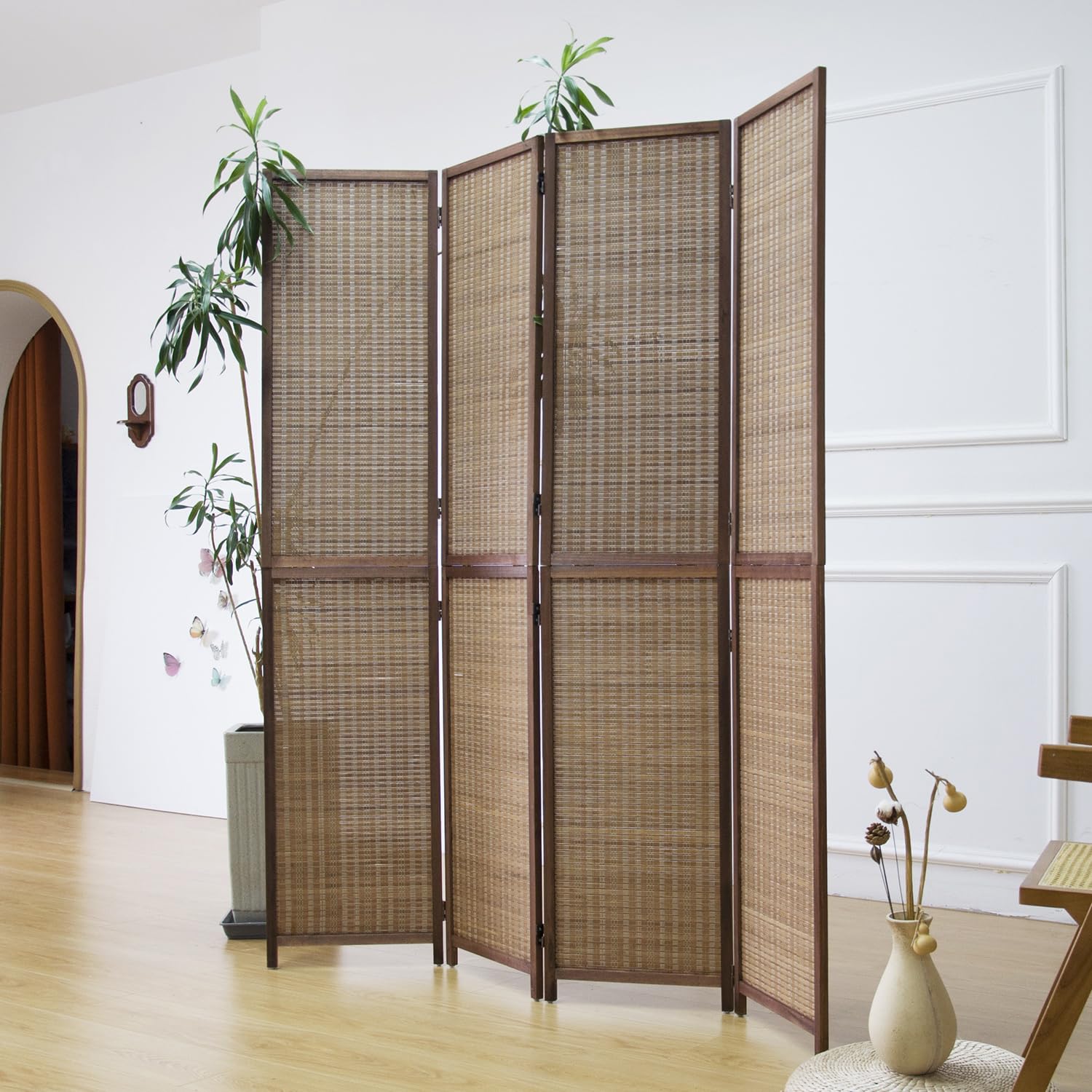 4 Panel Bamboo Room Divider - Foldable & Detachable Folding Screen for Home & Office (67