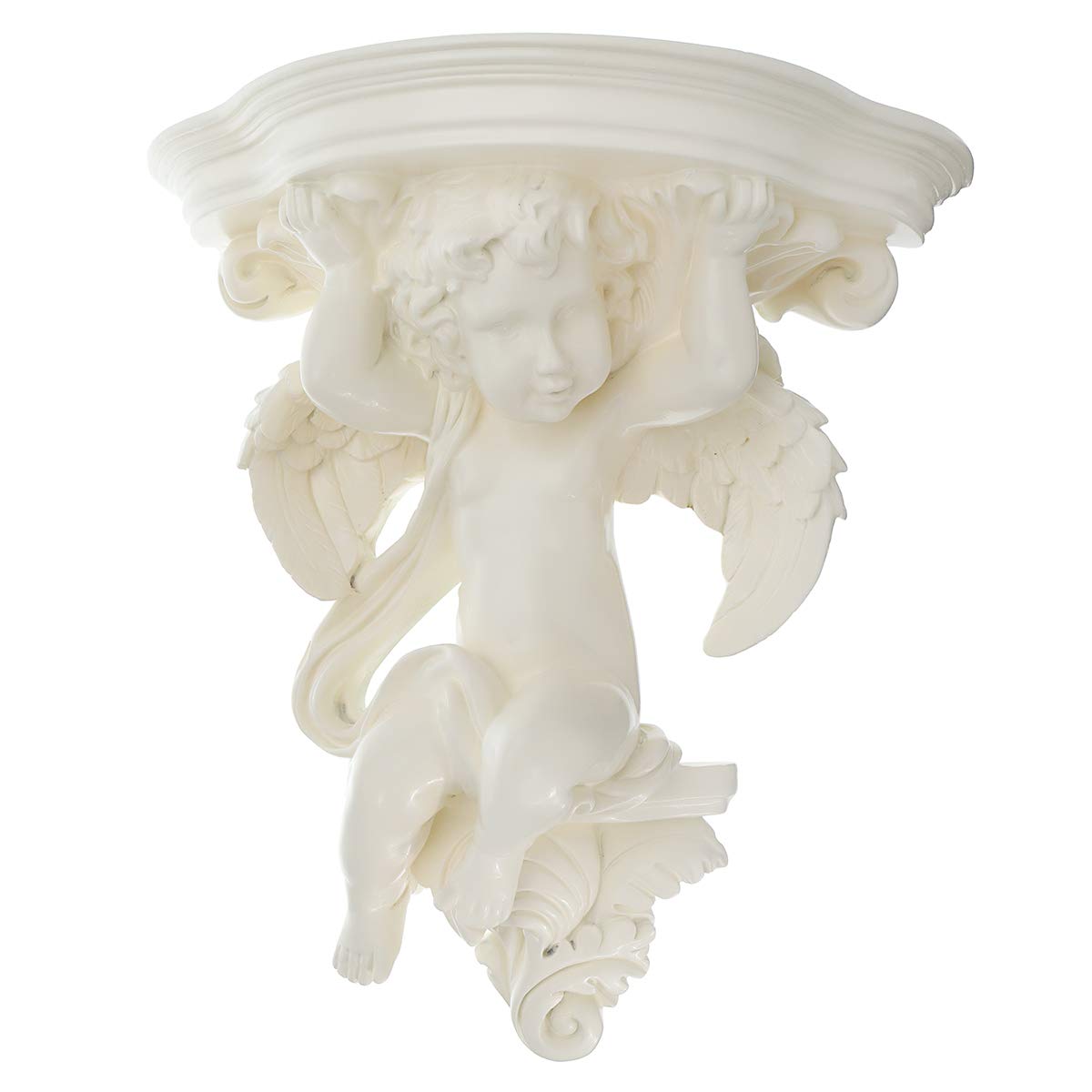 Wall Mounted Flower Pot Holder - Cupid Angel Plaster Corbel Shelf with Vase - Rococo Style Home Decor for Living Room, Bedroom, Garden (White)