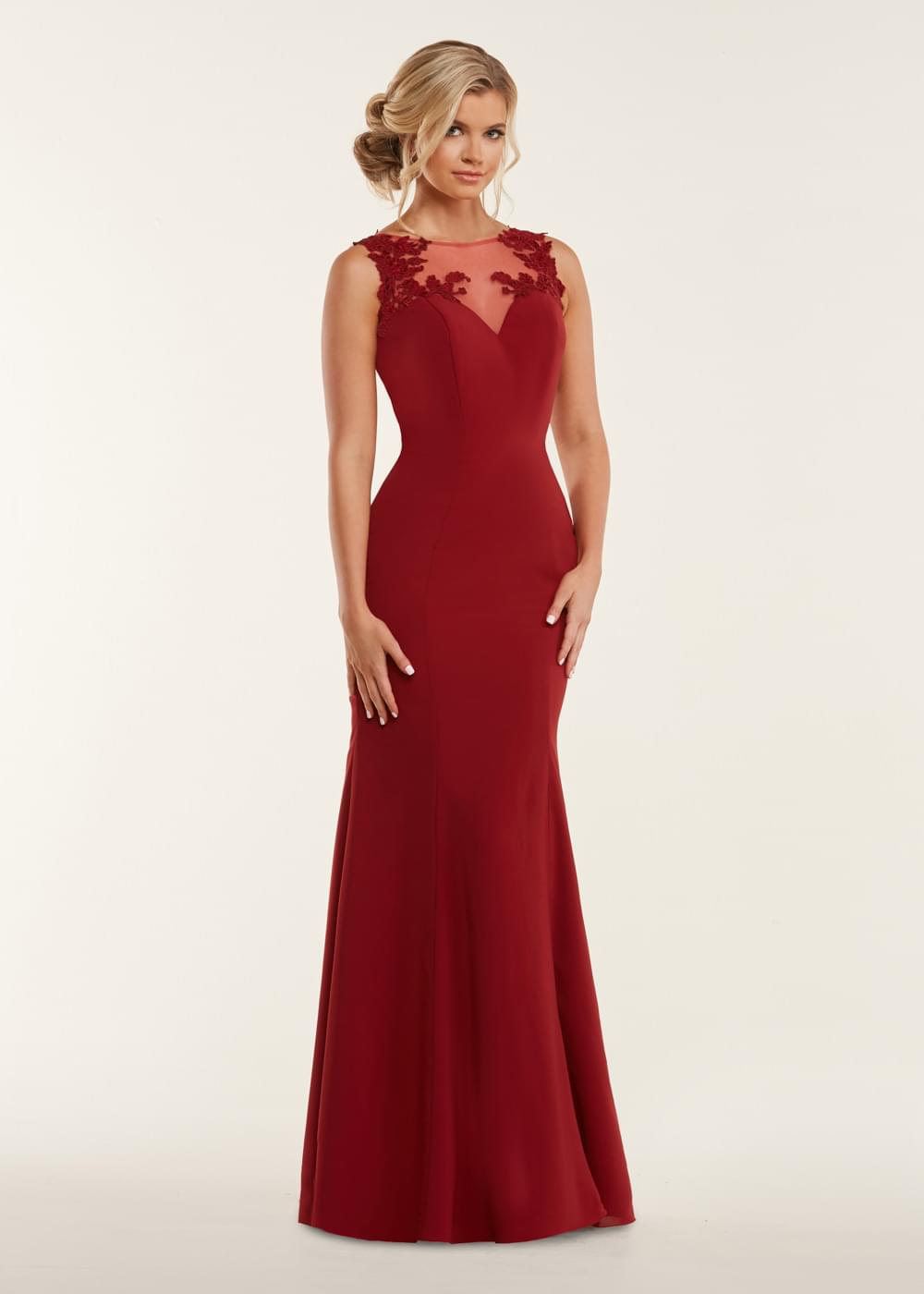 Elegant 80109 Fitted Stretch Chiffon Bridesmaid Dress with Illusion Lace Neckline - Perfect for Weddings, Formal Events & Special Occasions