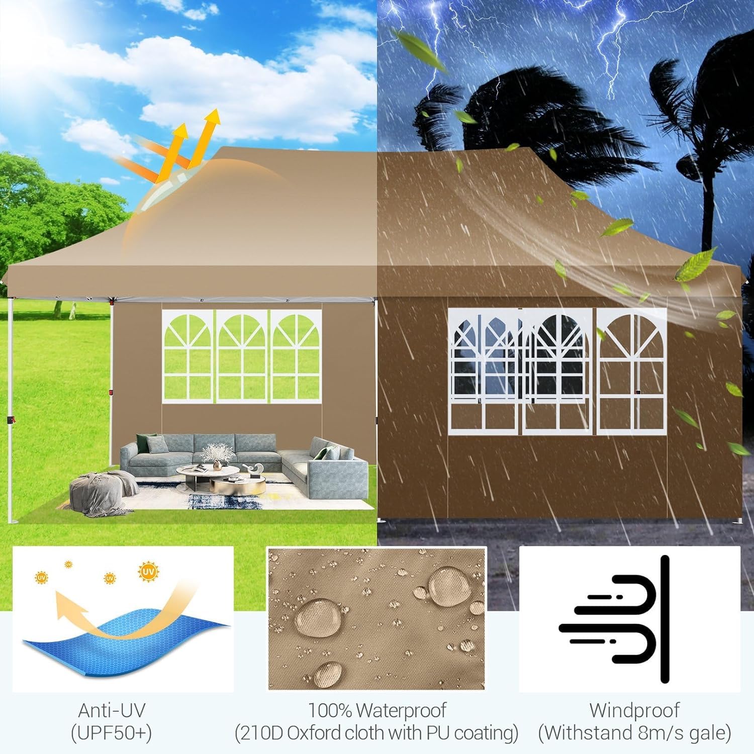 COBIZI 10x20 Pop Up Canopy Tent with 6 Removable Sidewalls - Waterproof Instant Gazebo for Outdoor Events, Parties & Commercial Use | Easy Setup Shelter with Sandbags (Khaki) | Perfect for Backyard BBQs, Farmers Markets & Beach Gatherings