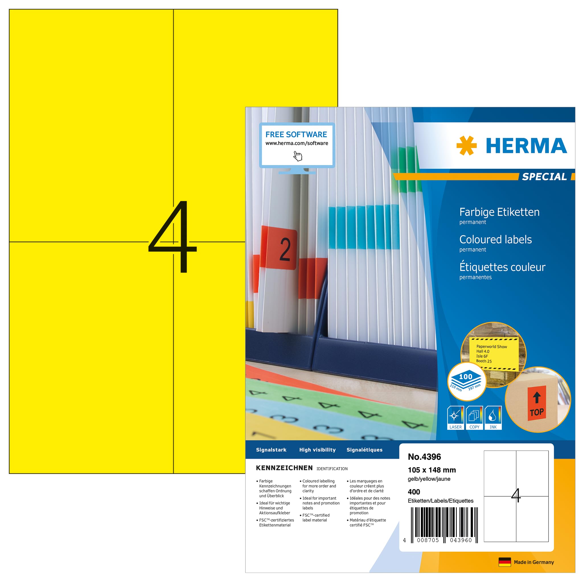 HERMA 4396 Self Adhesive Colored Labels - 4 Labels per A4 Sheet, 100 Sheets (400 Total), 105 x 148 mm Blank Yellow Stickers for Laser & Inkjet Printers - Perfect for Office Organization, Shipping Labels & Product Packaging