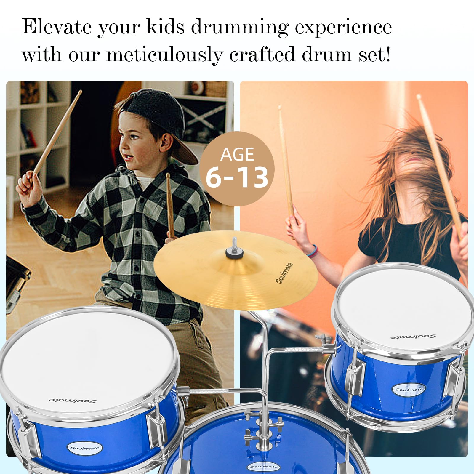 Soulmate Kids Drum Set 3-Piece 14 Inch Beginner Drum Kit with Adjustable Throne, Cymbal, Pedal, 8