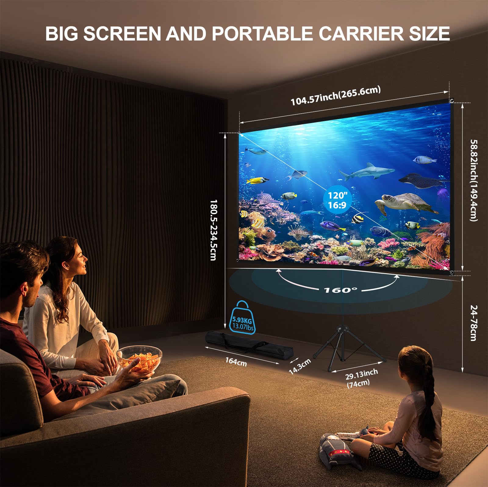 120 Inch Portable Projector Screen with Stand - 16:9 HD Outdoor Movie Screen, 1.2 Gain & 160° Viewing Angle - Quick Setup for Home Theater, Backyard Parties, Camping & Outdoor Movie Nights