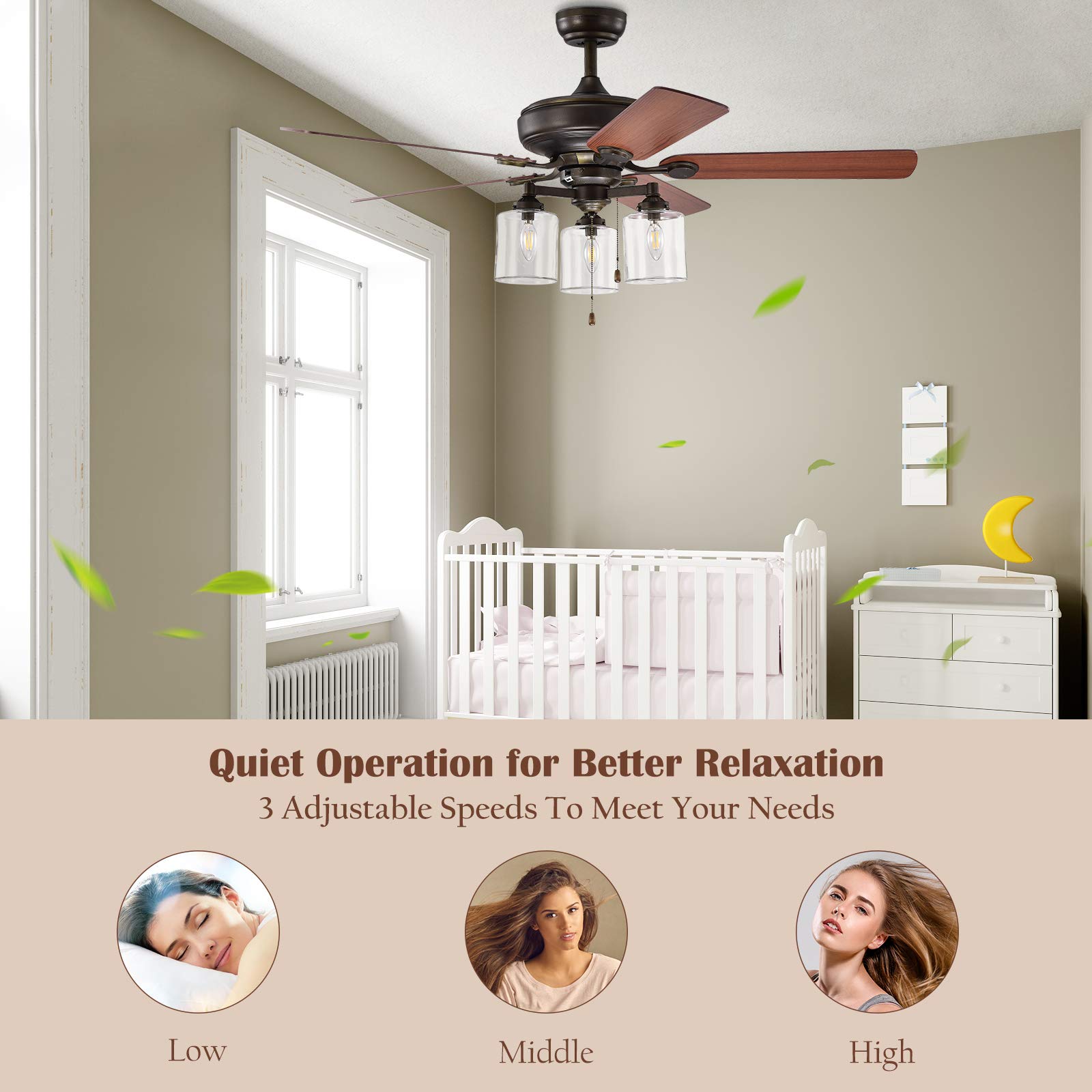 52 Inch Tangkula Industrial Ceiling Fan with Lights - 3-Speed Reversible Motor, 5 Blades & 3 Clear Glass Lights, ETL Certified Bronze Finish - Perfect for Living Room, Bedroom, and Patio Cooling