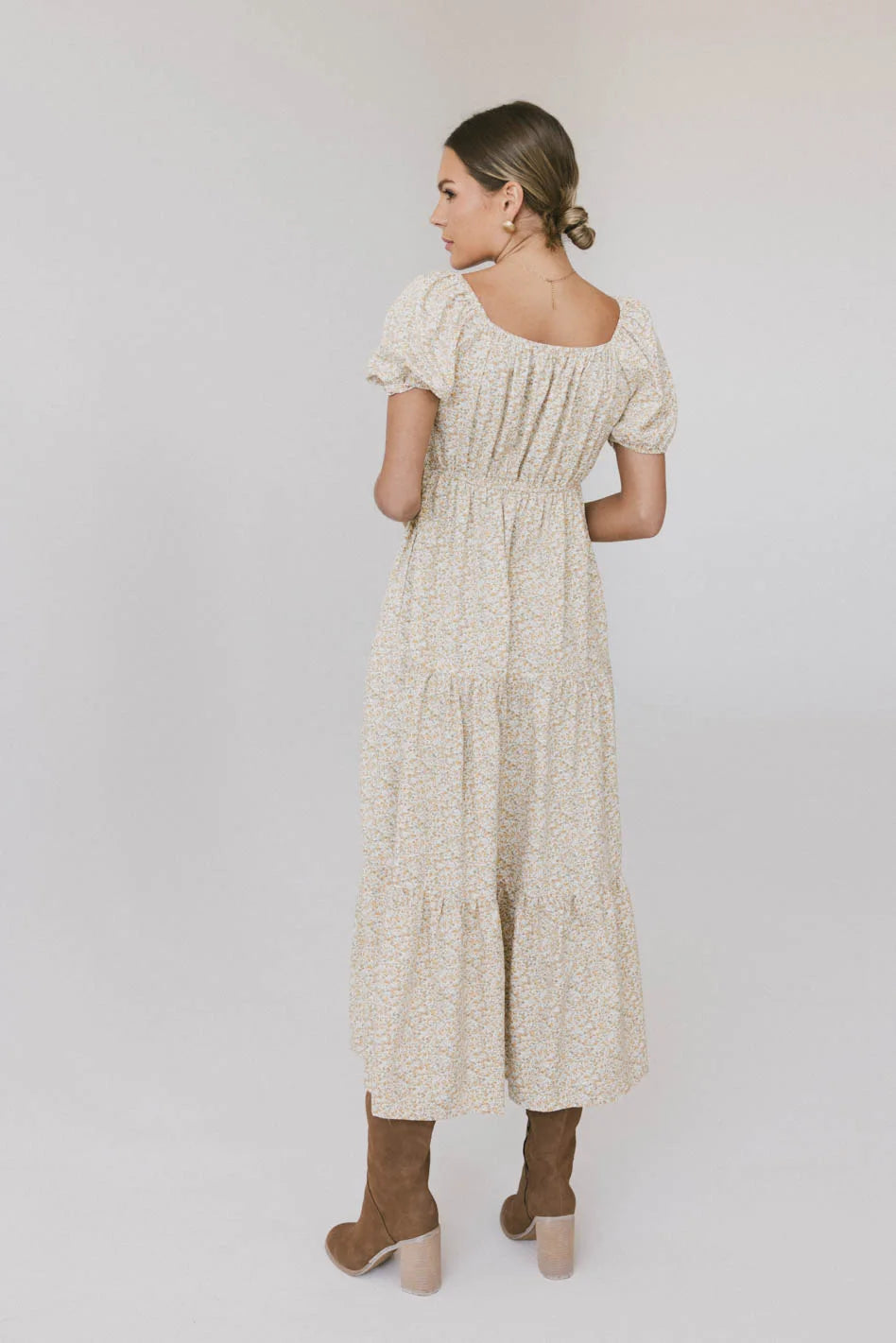 Amelia Ditsy Floral Summer Dress in Yellow - Women's Casual Flowy Midi Dress with Short Sleeves | Perfect for Beach Vacations, Garden Parties & Date Nights