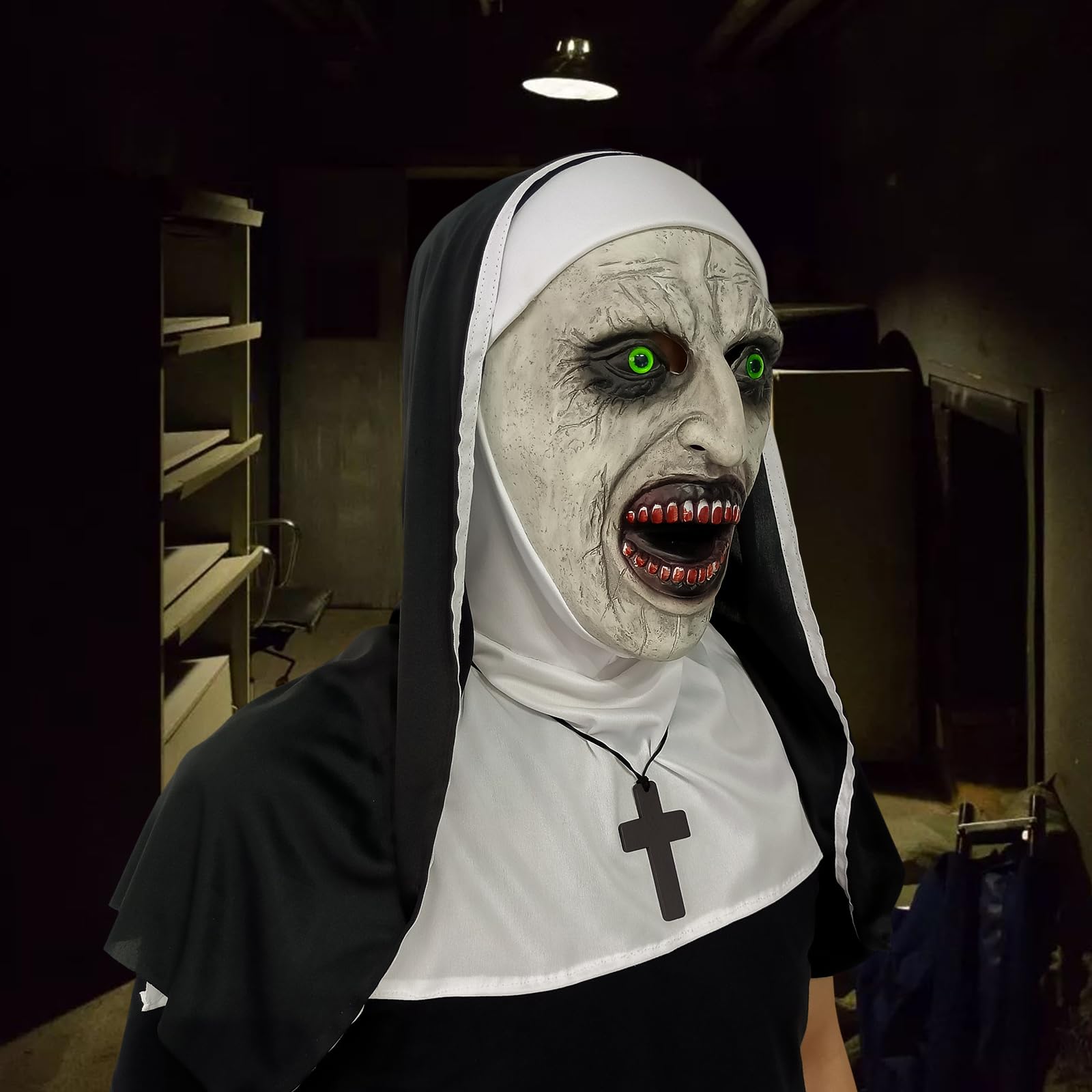 GTETKDE 2024 Scary Halloween Nun Mask - Latex Full Head Horror Costume with Cross Necklace for Adults - Perfect for Halloween Parties, Haunted Houses & Cosplay Events