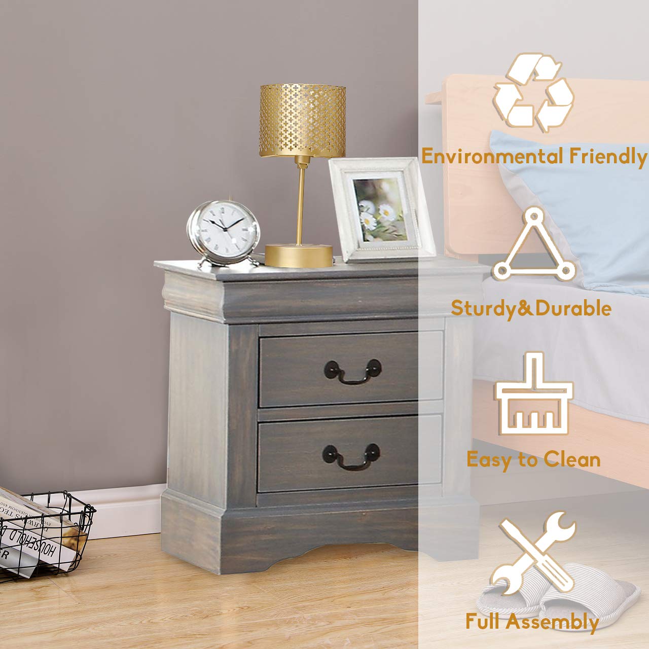 Modern 2-Drawer Nightstand with Handles - Solid Wood Bedside Table for Bedroom, Living Room & Dorm - No Assembly Needed - Grey Antique Finish | Perfect for Small Spaces, Guest Rooms & Apartment Decor