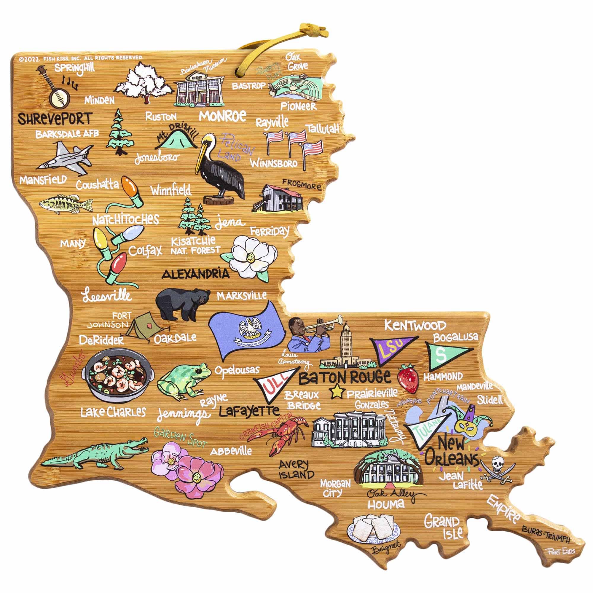 Louisiana Themed Wooden Cutting Board with Fish Kiss™ Artwork - Durable Kitchen Chopping Board for Meat, Vegetables & Fruits - Perfect for Home Cooking, BBQ & Gift Giving