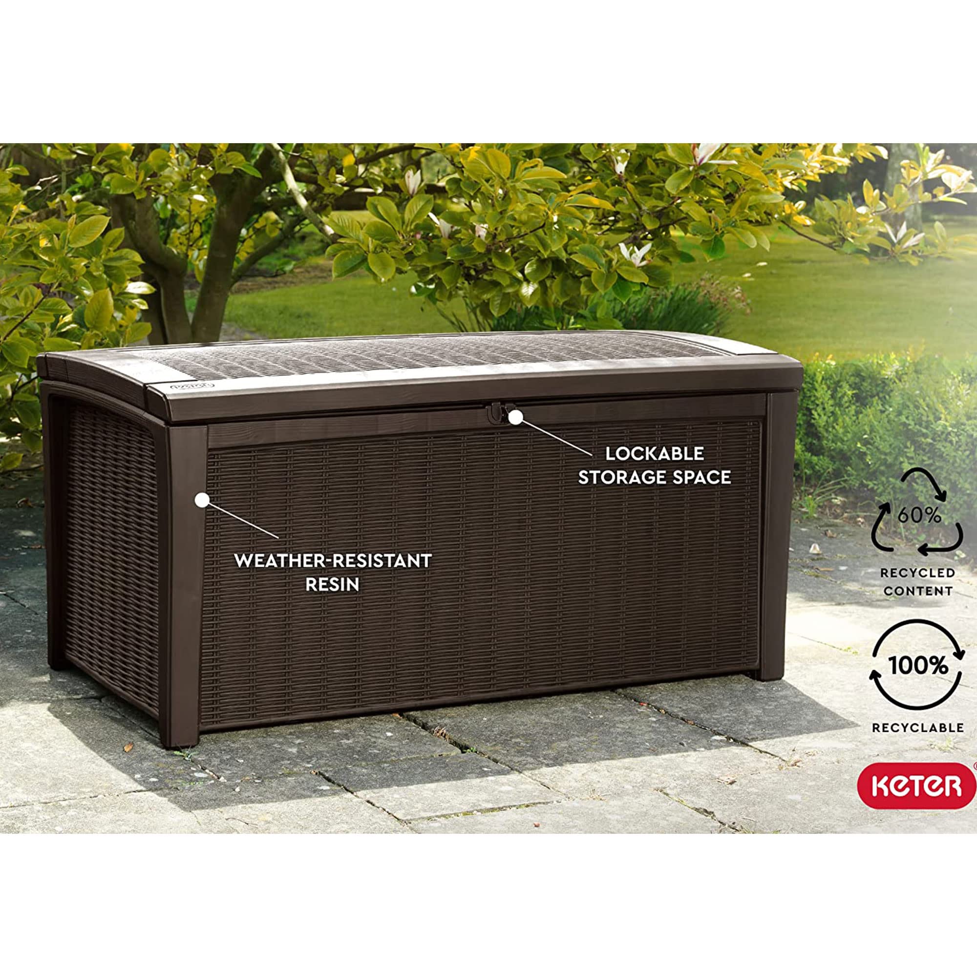 Keter 110 Gallon Outdoor Storage Deck Box - Waterproof Patio Bin for Garden, Pool & Backyard Organization (Borneo Brown) - Perfect for Storing Cushions, Toys & Gardening Tools