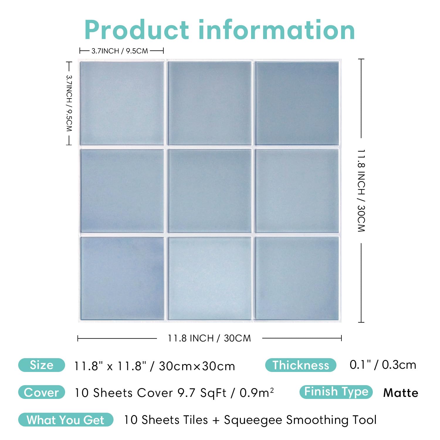 Commomy 10-Pack Matte Blue PVC Peel and Stick Wall Tiles 11.8x11.8 Inch - 3D Square Self-Adhesive Backsplash for Kitchen, Bathroom, Bedroom, Living Room & RV - Easy DIY Home Renovation, Waterproof Decorative Wall Panels